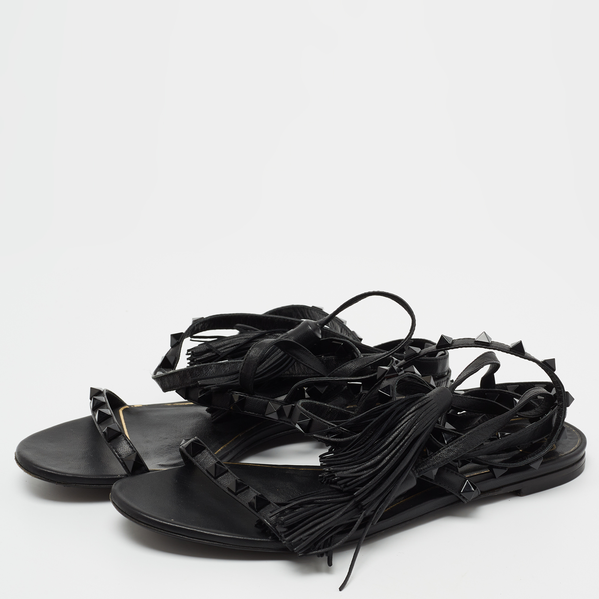 

Valentino Black Leather Rockstud Ankle Wrap Sandals Size