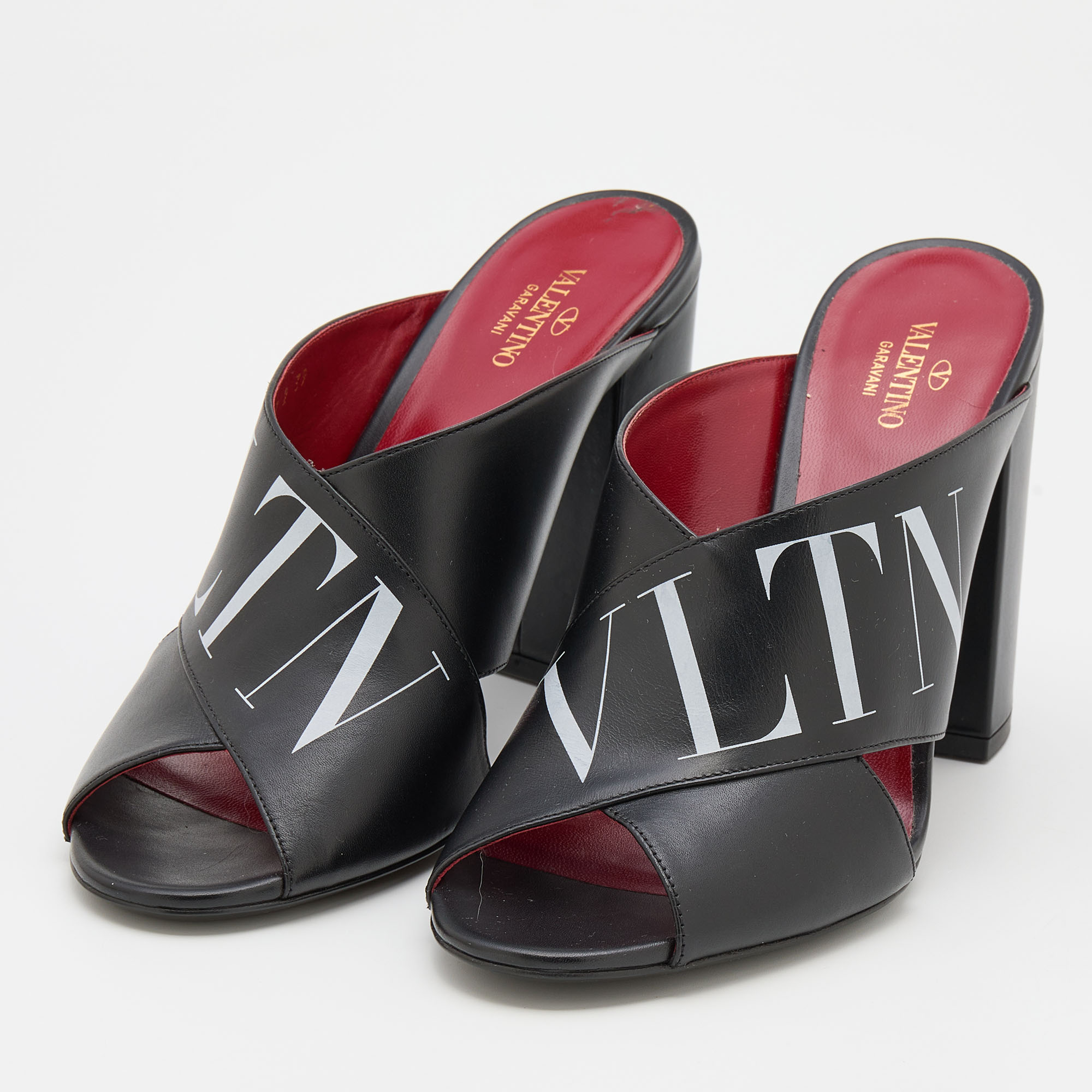 

Valentino Black Leather VLTN Block Heel Mules Size