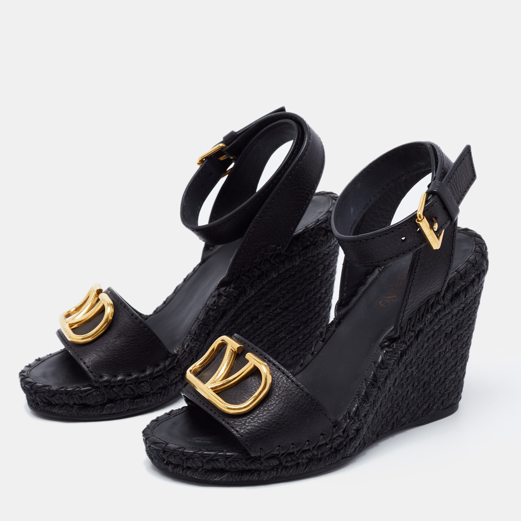 

Valentino Black Leather V-Logo Wedge Espadrille Sandals Size