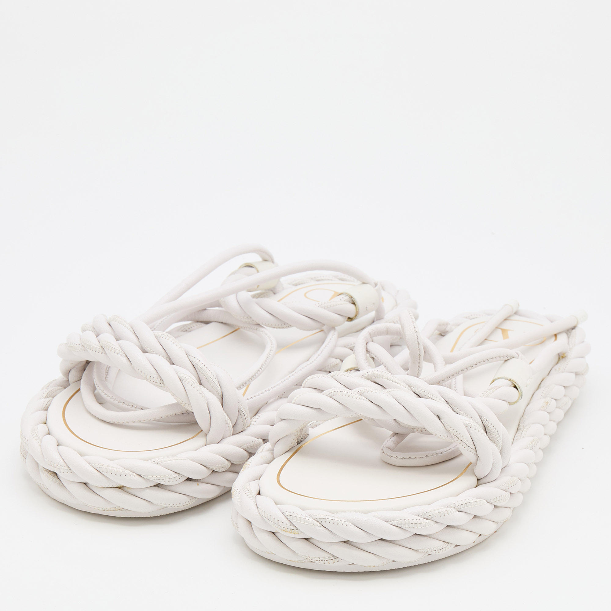 

Valentino White Braided Leather The Rope Ankle Wrap Flat Sandals Size
