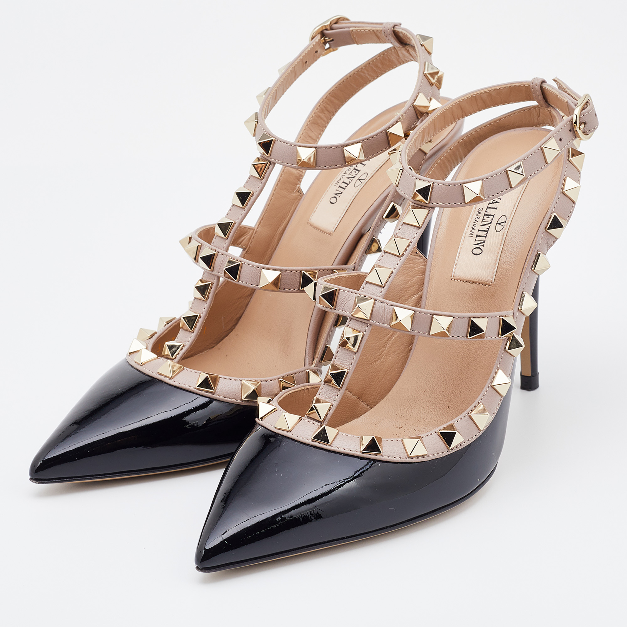 

Valentino Black/Beige Patent Leather Rockstud Caged Ankle Strap Pumps Size