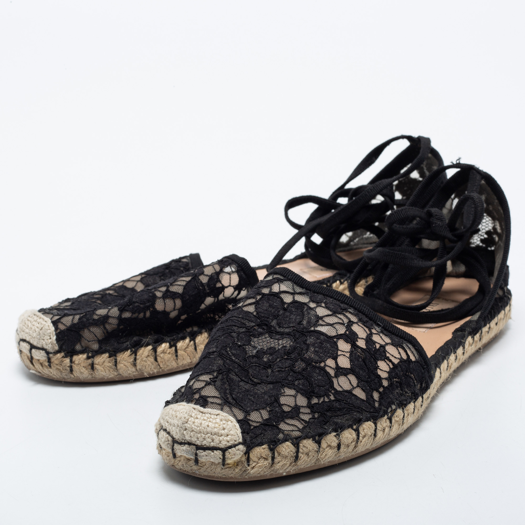 

Valentino Black Lace Ankle Tie Espadrille Flats Size