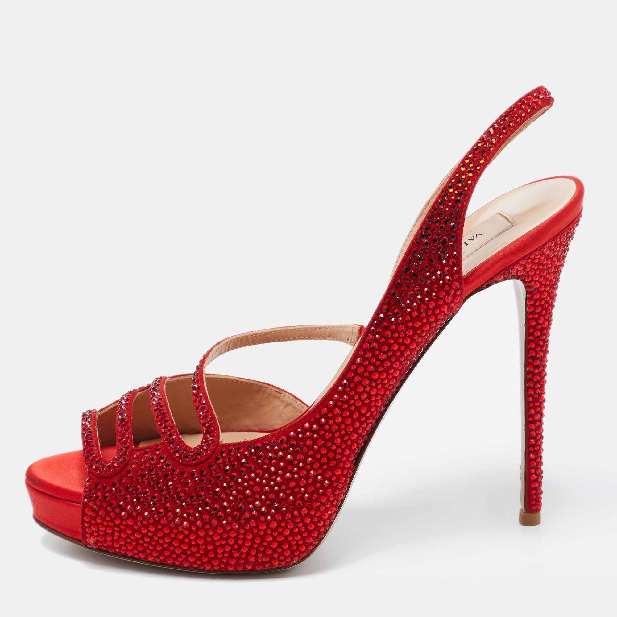 Pre-owned Valentino Garavani Red Crystal Embellished Suede Slingback D'orsay Sandals Size 40
