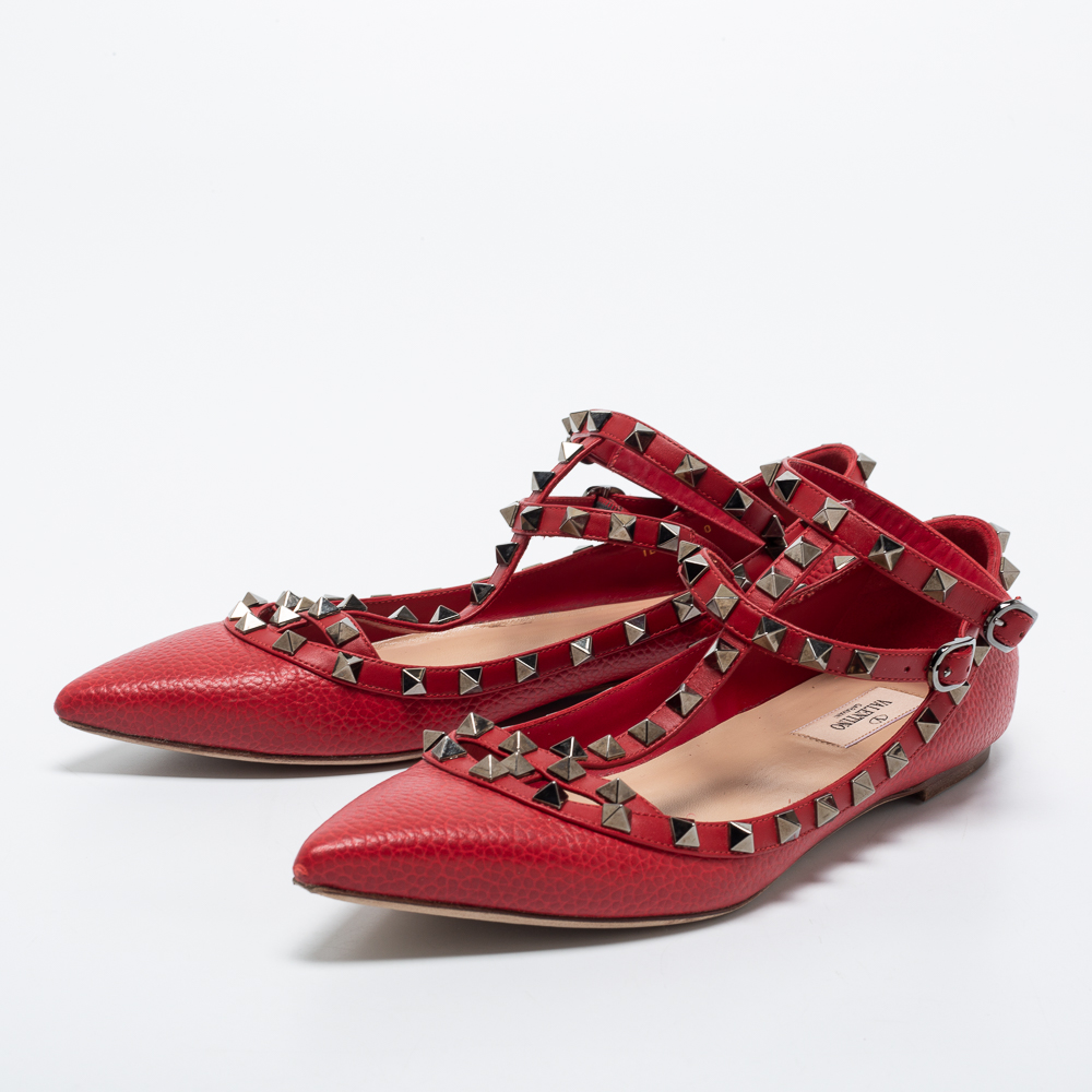 

Valentino Red Leather Rockstud Ankle Strap Ballet Flats Size
