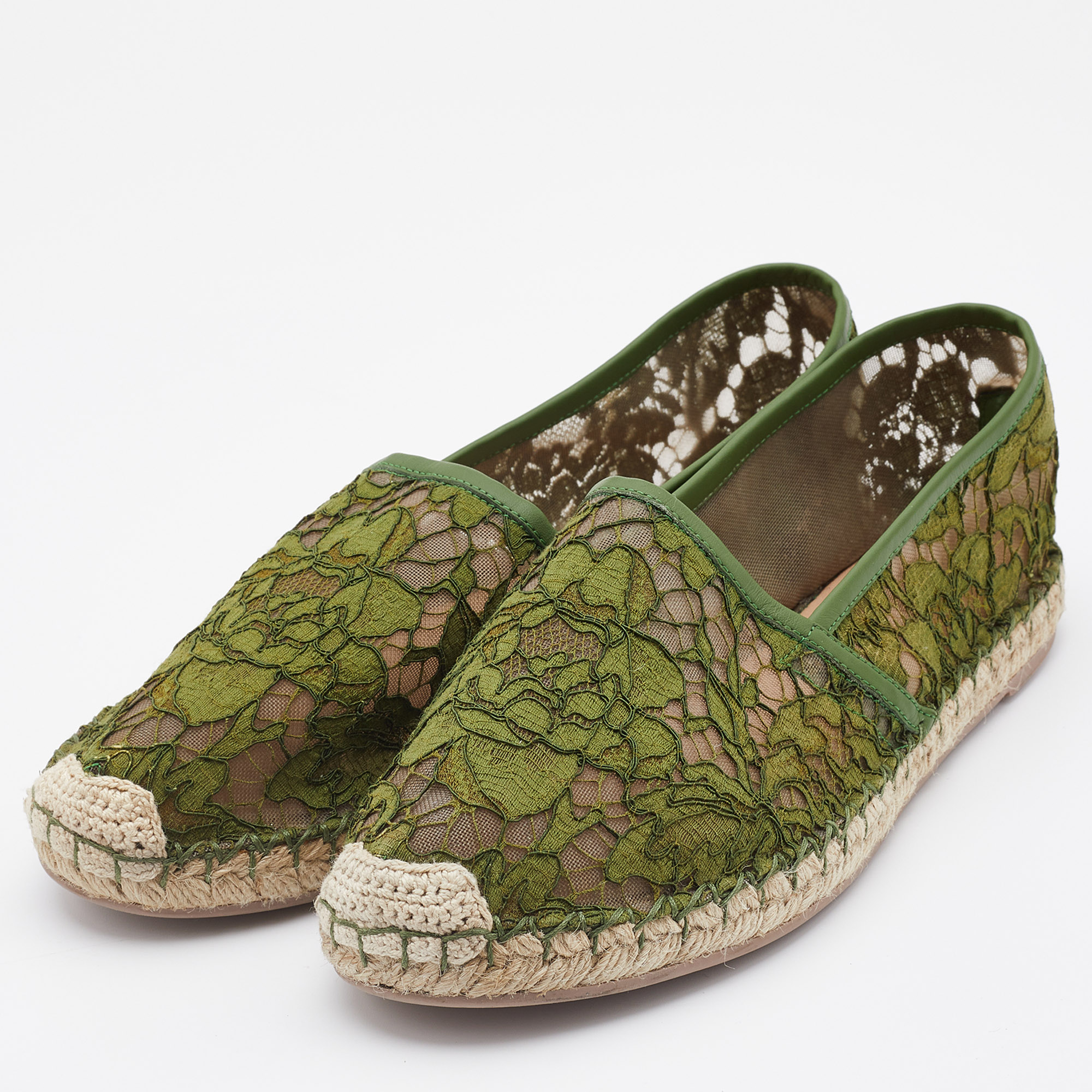

Valentino Green Floral Lace and Mesh Espadrille Flats Size