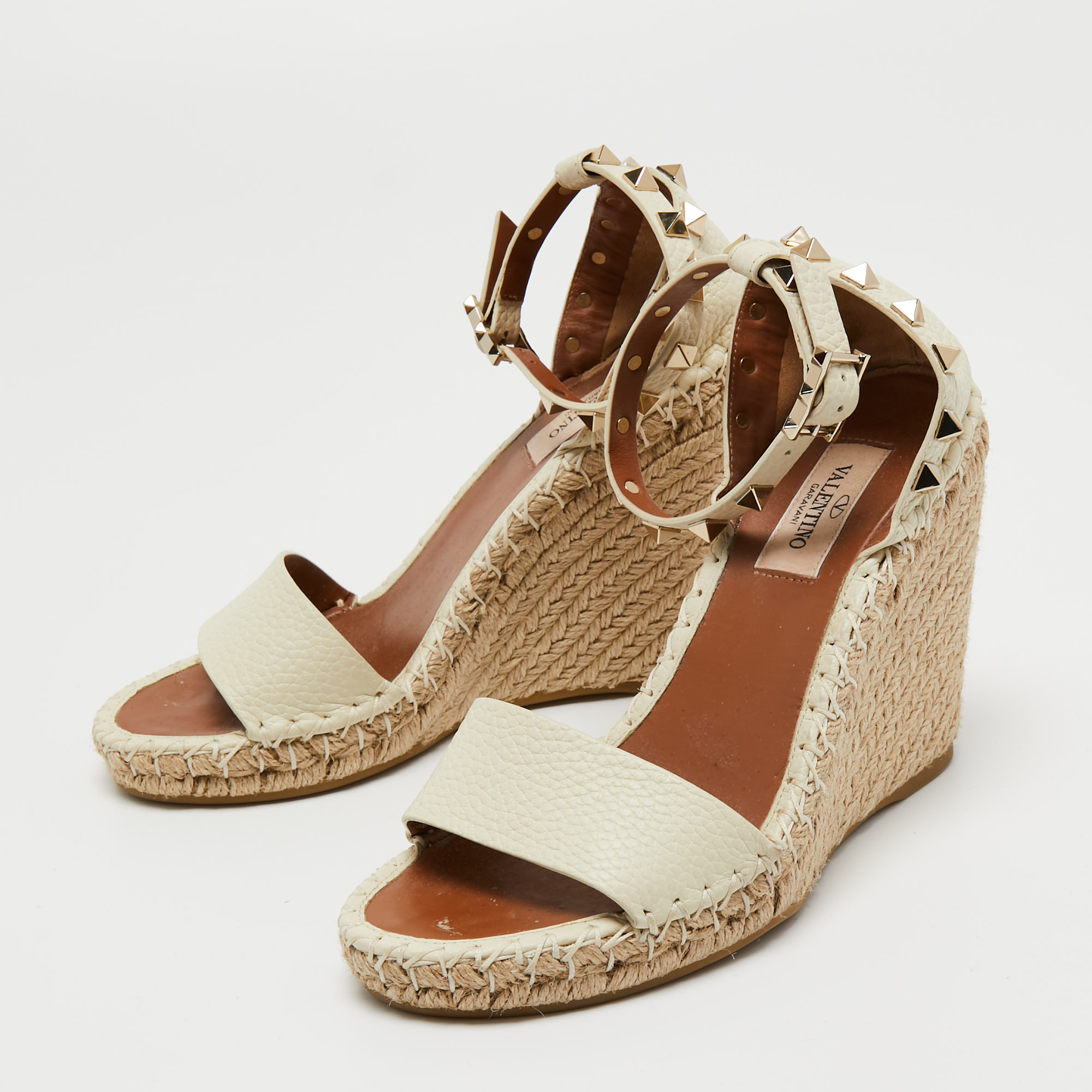 

Valentino Cream Leather Rockstud Espadrille Wedge Ankle Strap Sandals Size