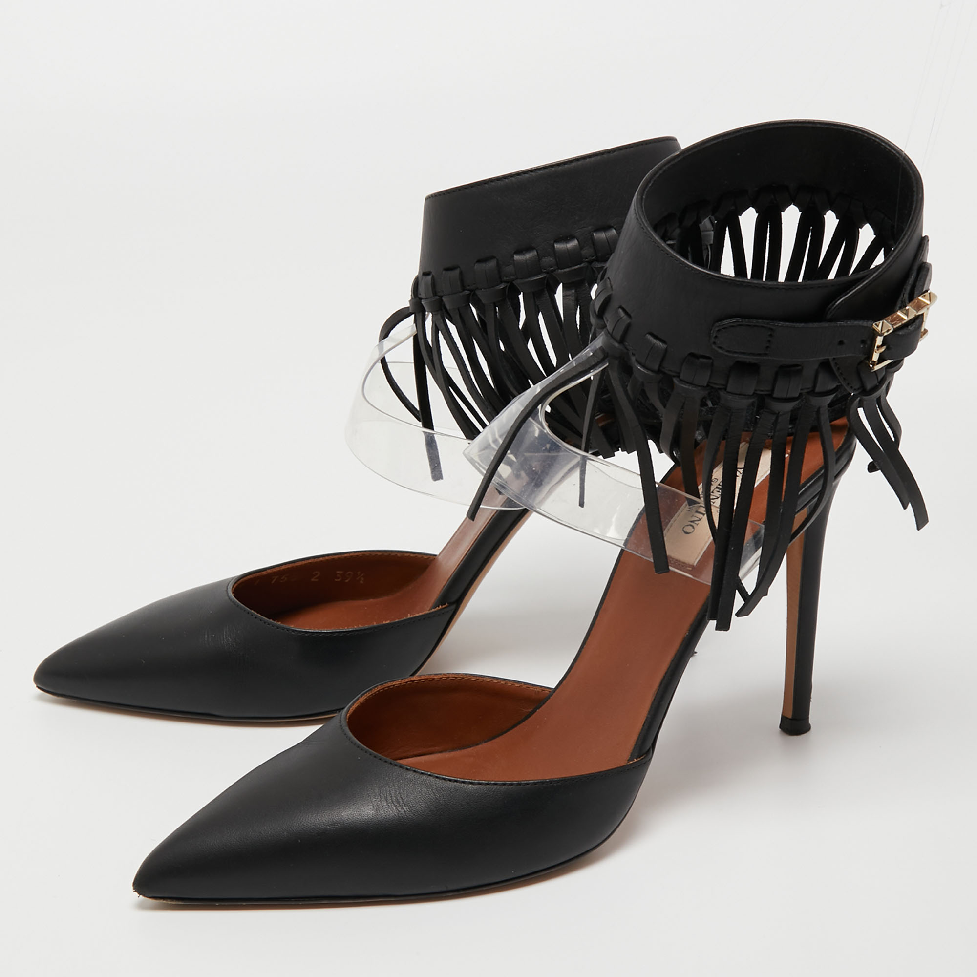 

Valentino Black Leather and PVC C-Rockee Fringe Ankle Wrap Pumps Size