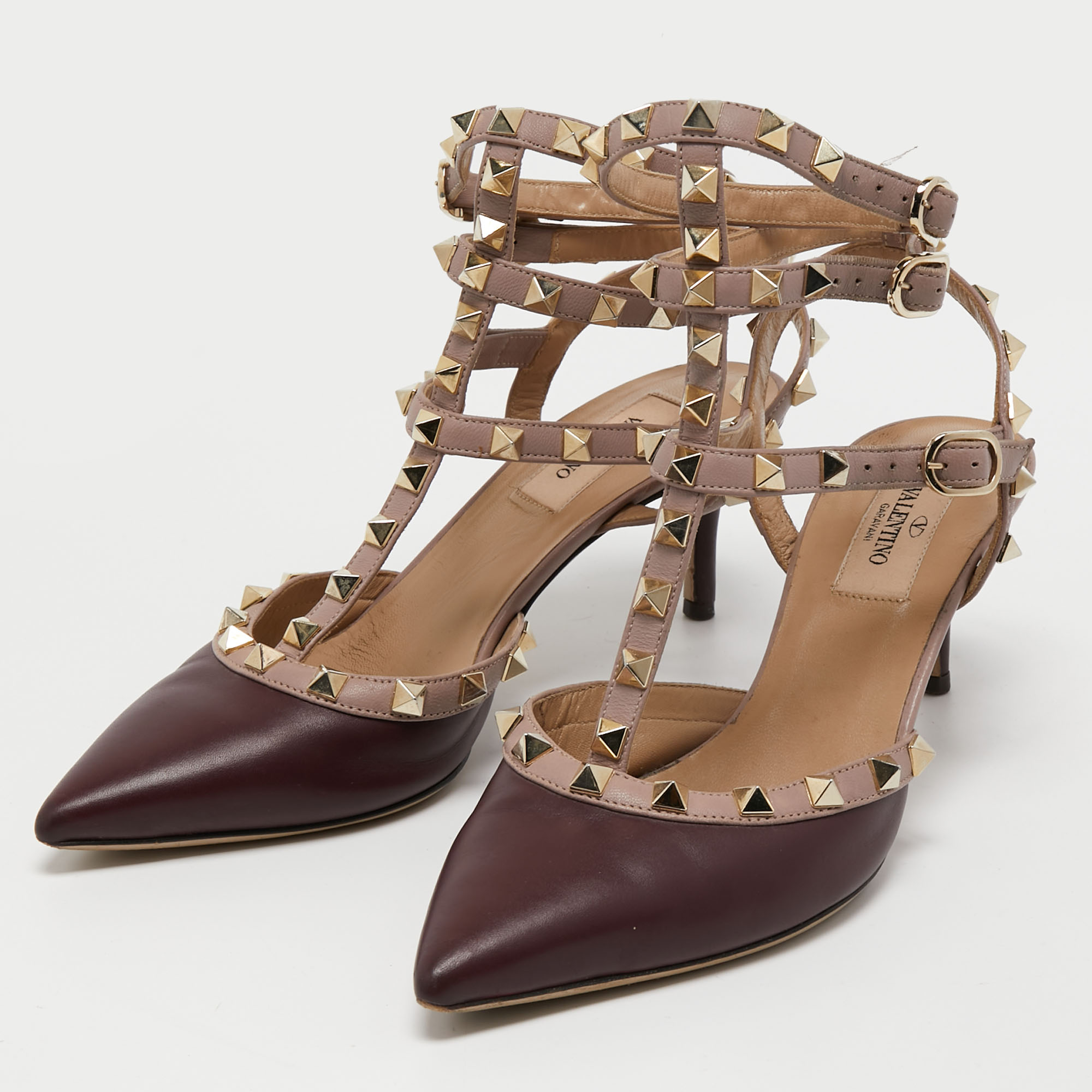 

Valentino Beige/Burgundy Leather Rockstud Pointed Toe Pumps Size