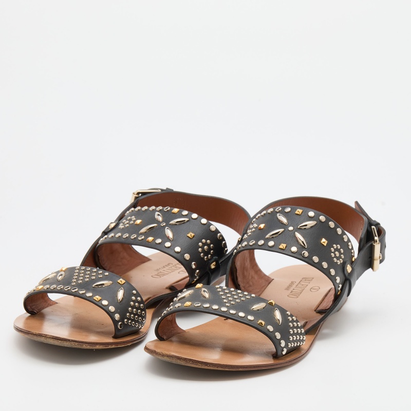 

Valentino Black Embellished Leather Ankle Strap Flats Size