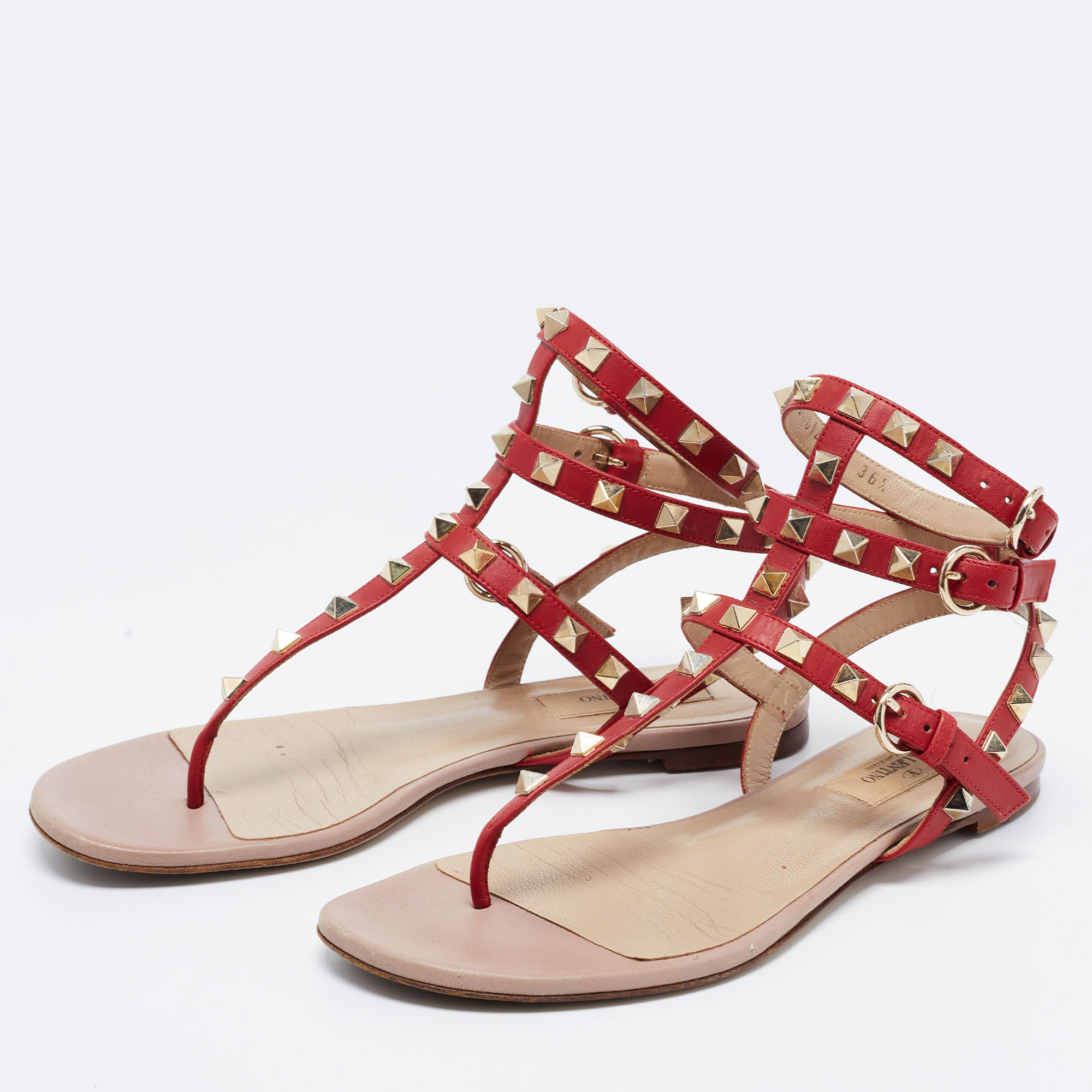 

Valentino Red/Beige Leather Rockstud Ankle Strap Flat Sandals Size