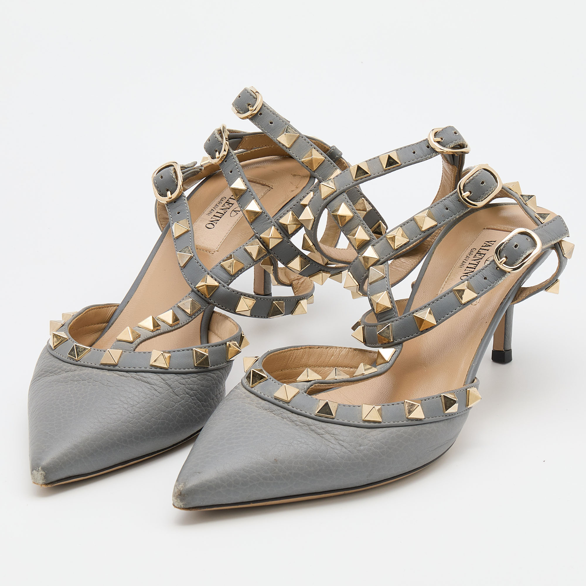 

Valentino Grey Leather Rockstud Caged Pointed Toe Pumps Size