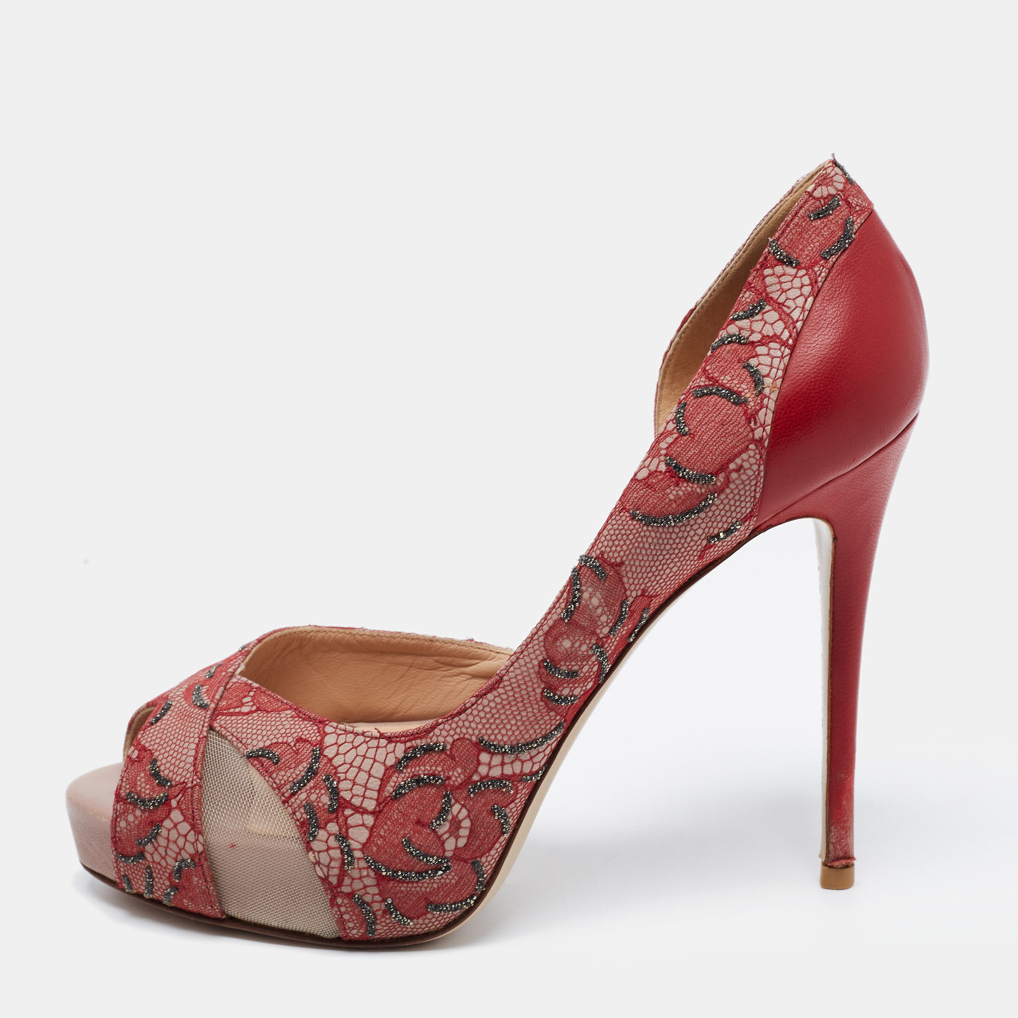 Pre-owned Valentino Garavani Two Tone Lace Mesh And Leather Peep Toe D'orsay Pumps Size 36.5 In Red