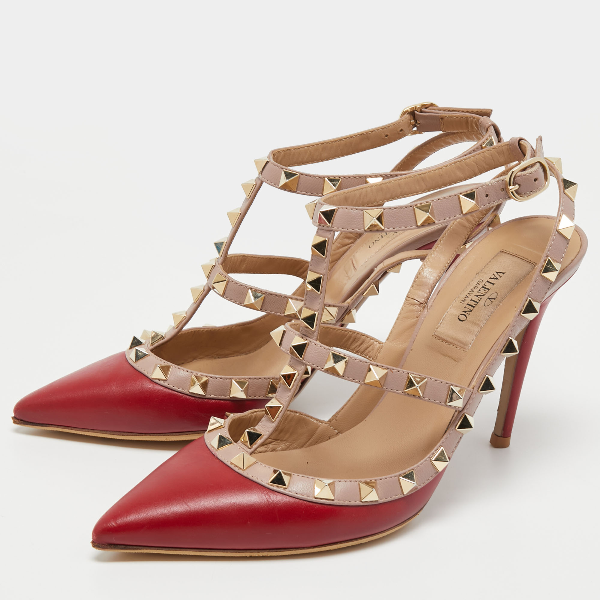 

Valentino Red/Pink Leather Rockstud Ankle Strap Sandals Size