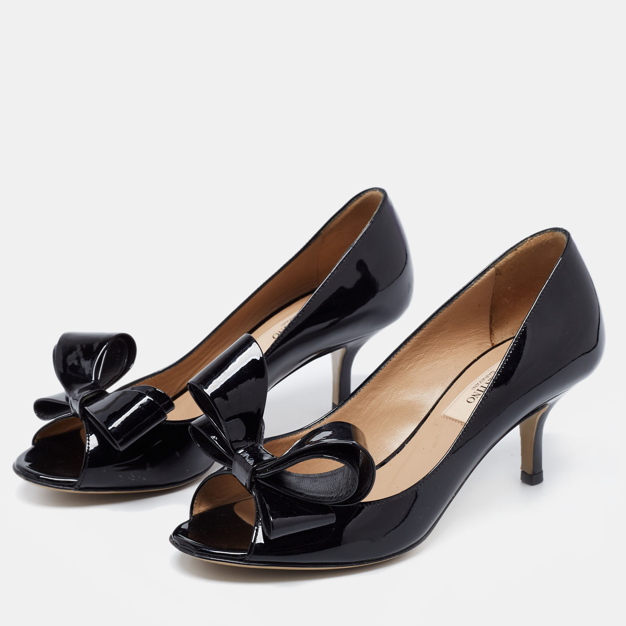 

Valentino Black Patent Leather Bow Open Toe Pumps Size