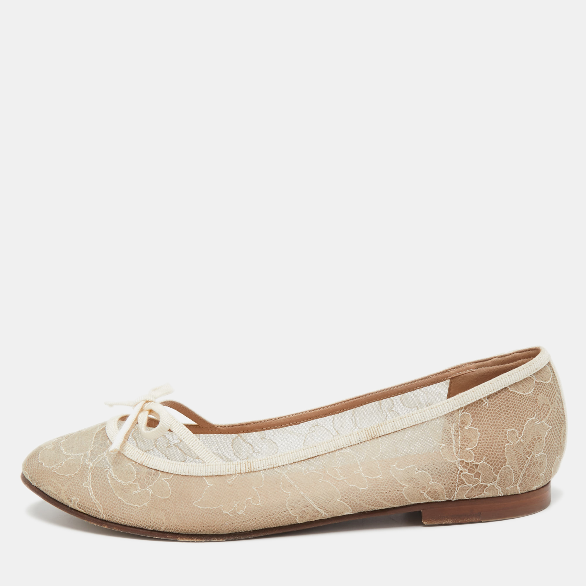 Pre-owned Valentino Garavani Beige Lace And Leather Ballet Flats Size 38.5