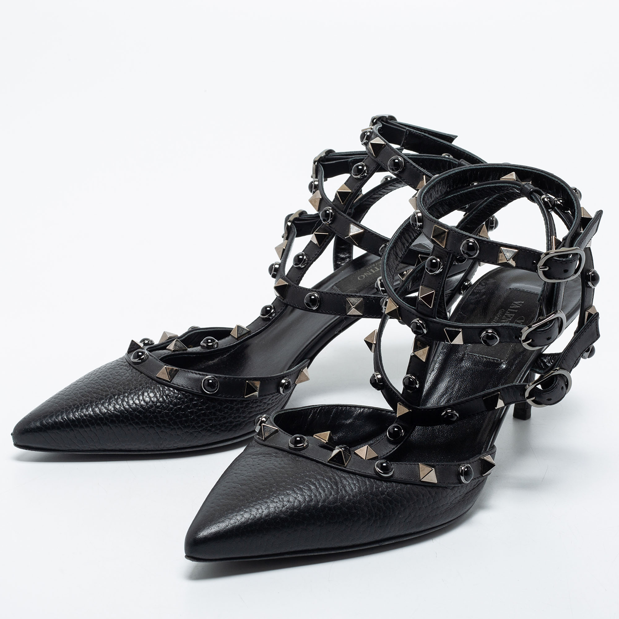 

Valentino Black Leather Rockstud Ankle Strap Pumps Size