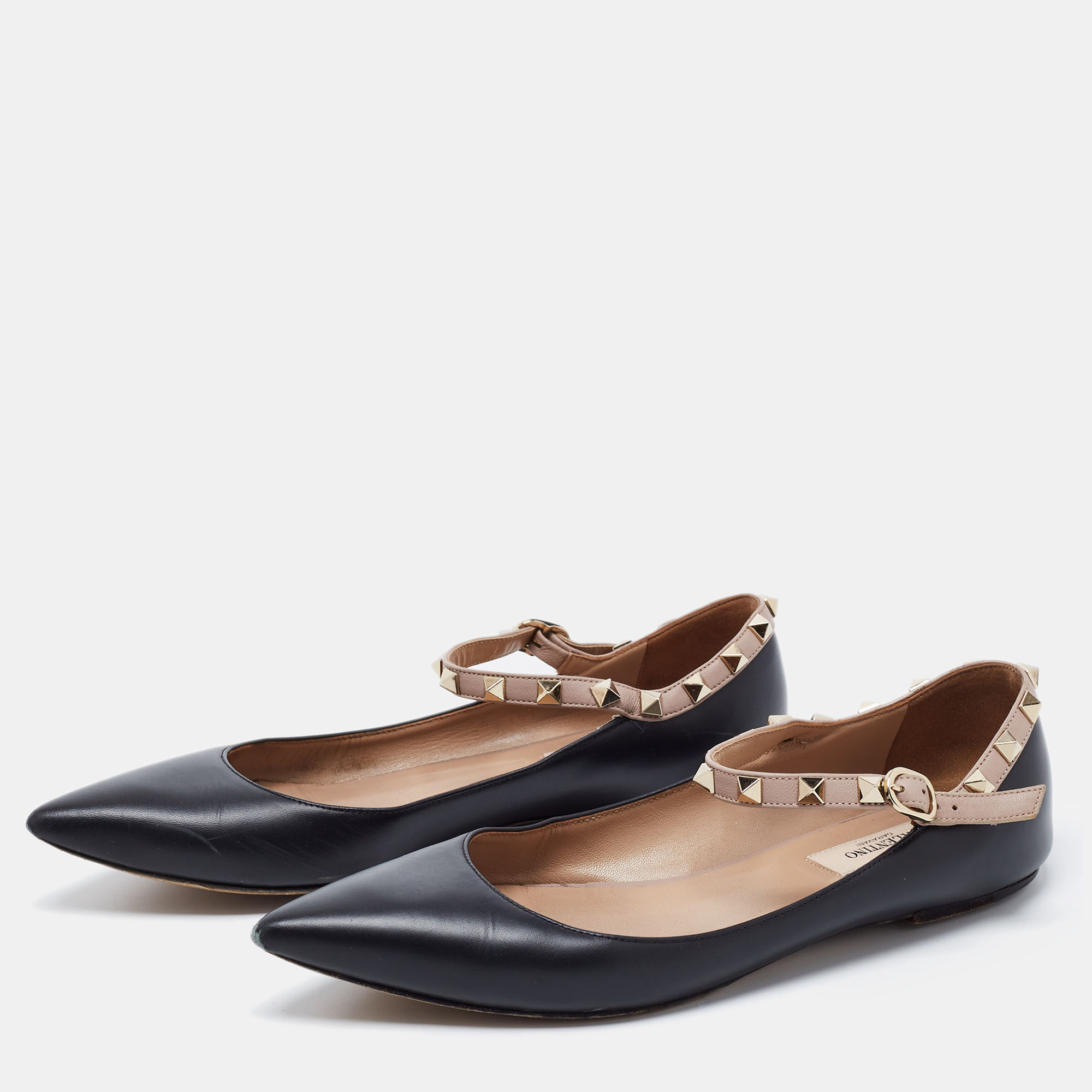 

Valentino Black Leather Rockstud Ankle Strap Ballet Flats Size