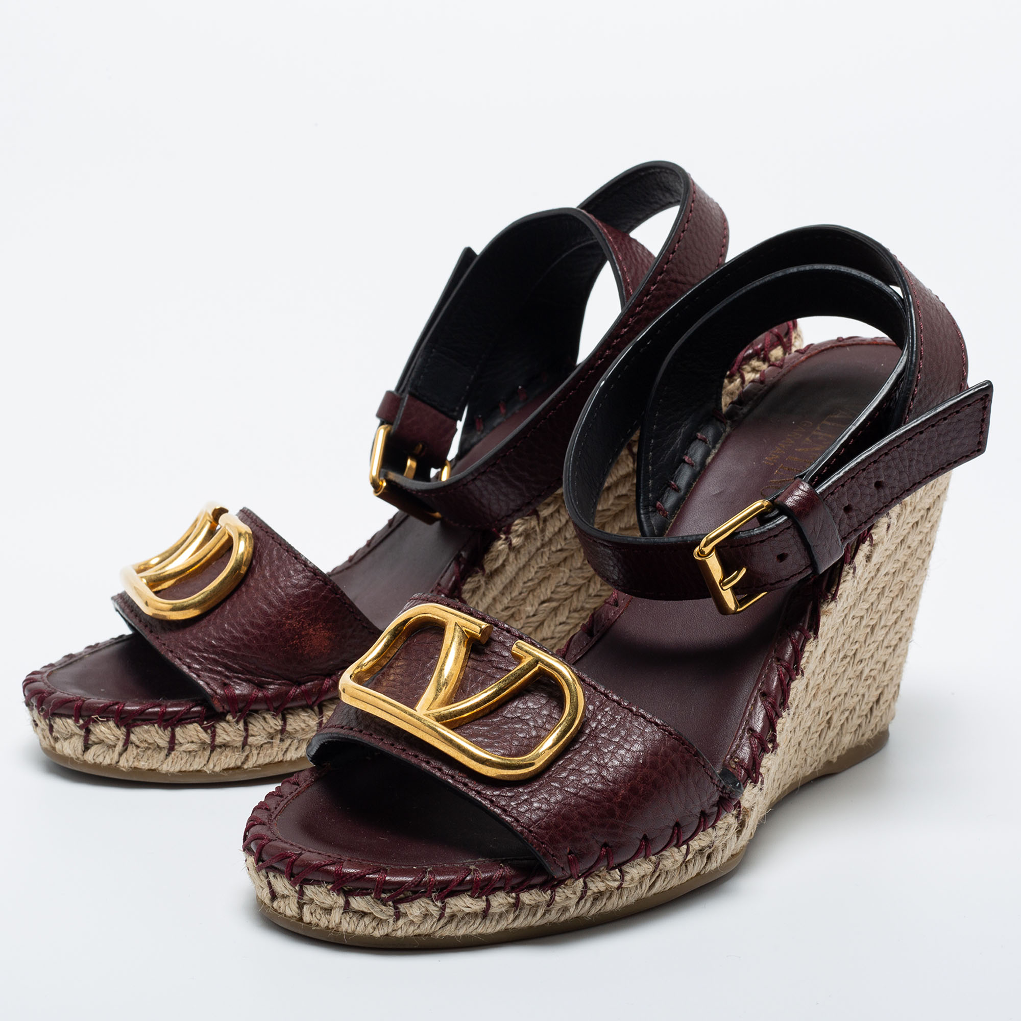 

Valentino Burgundy Leather Escape V Logo Wedge Sandals Size