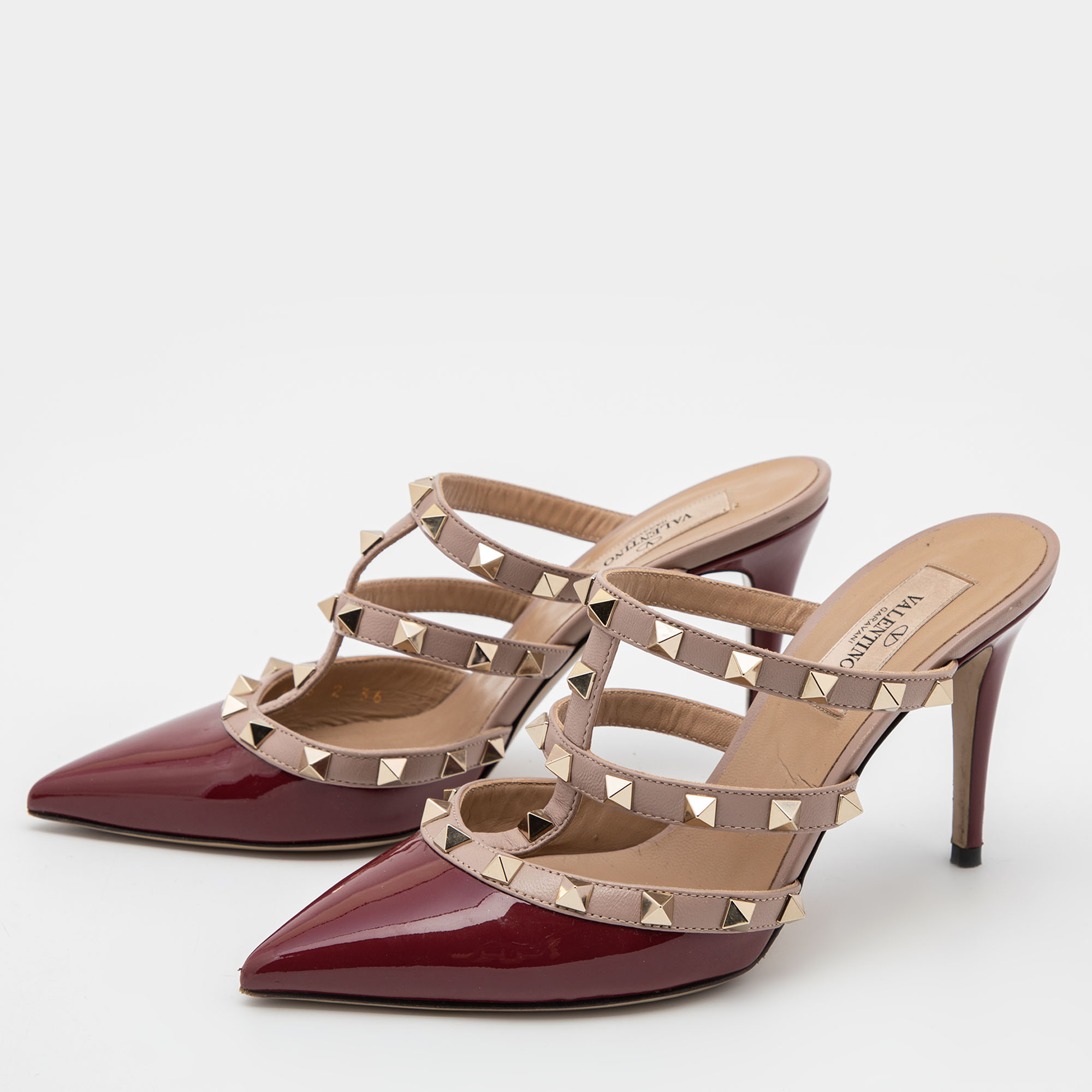 

Valentino Burgundy/Beige Patent and Leather Rockstud Mule Sandals Size