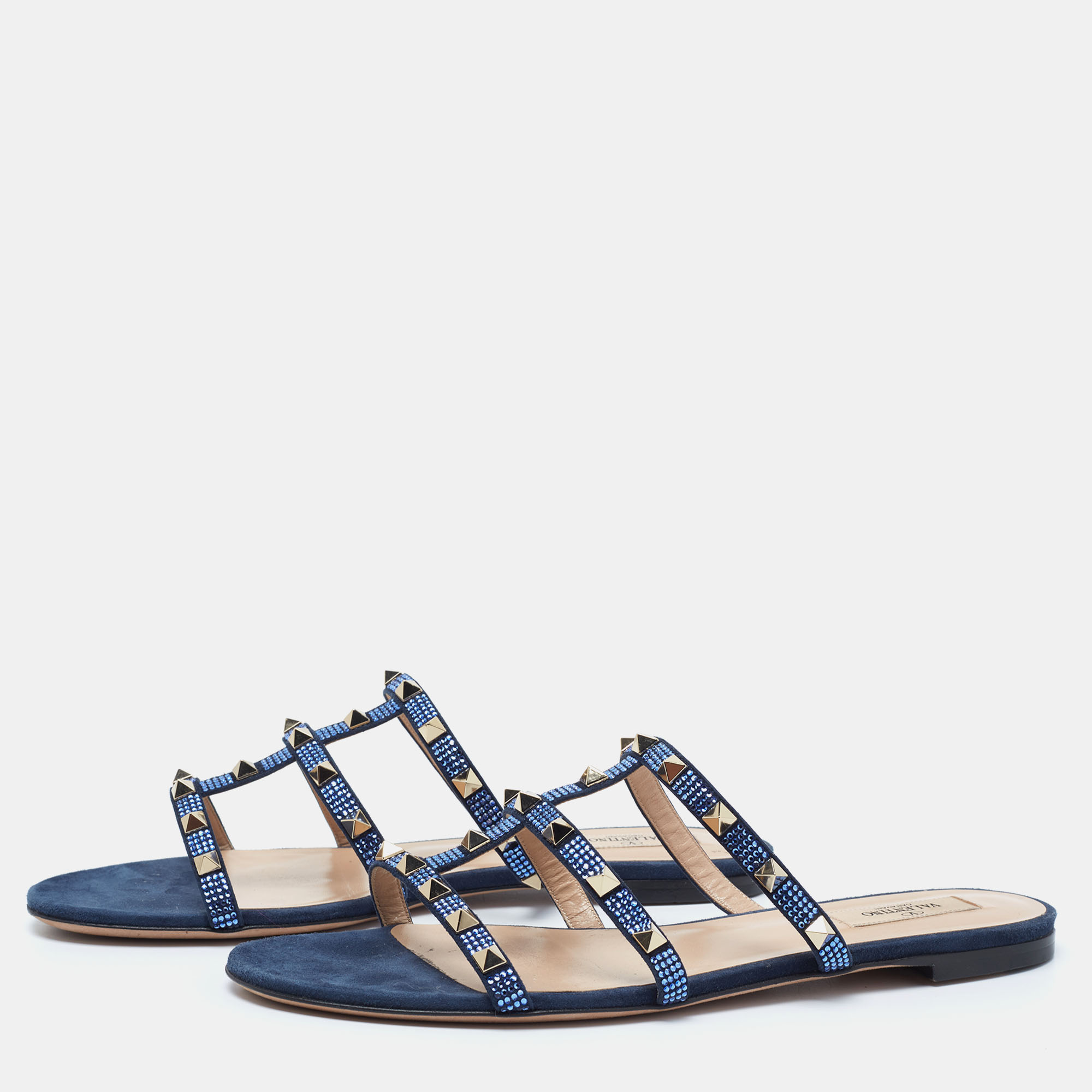 

Valentino Blue Suede Rockstud Flat Slides Size