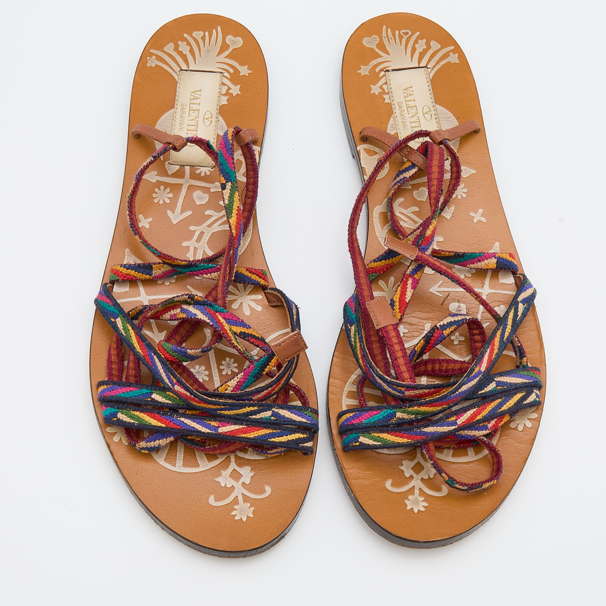 Valentino Multicolor Fabric Ankle Wrap Flat Sandals Size 36.5 
