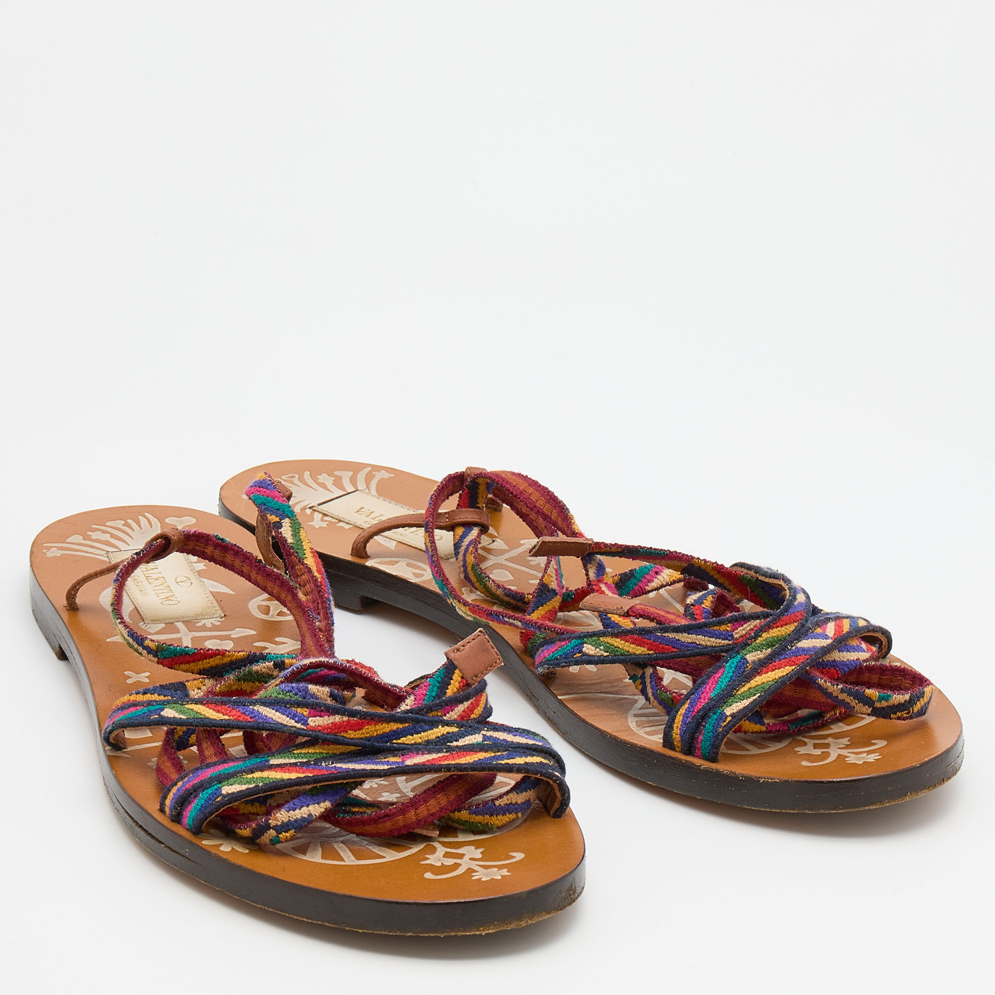Valentino Multicolor Fabric Ankle Wrap Flat Sandals Size 36.5 