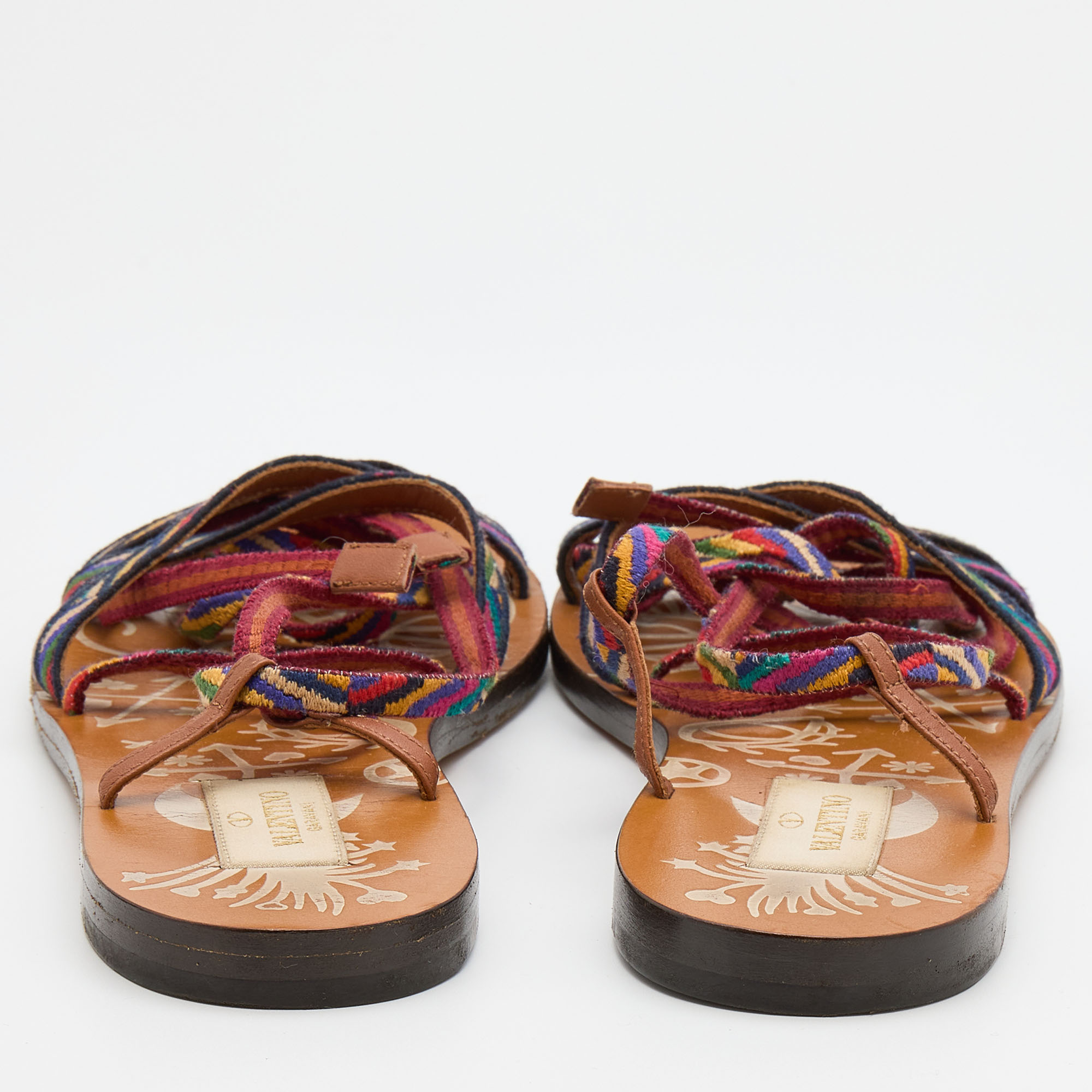 Valentino Multicolor Fabric Ankle Wrap Flat Sandals Size 36.5 