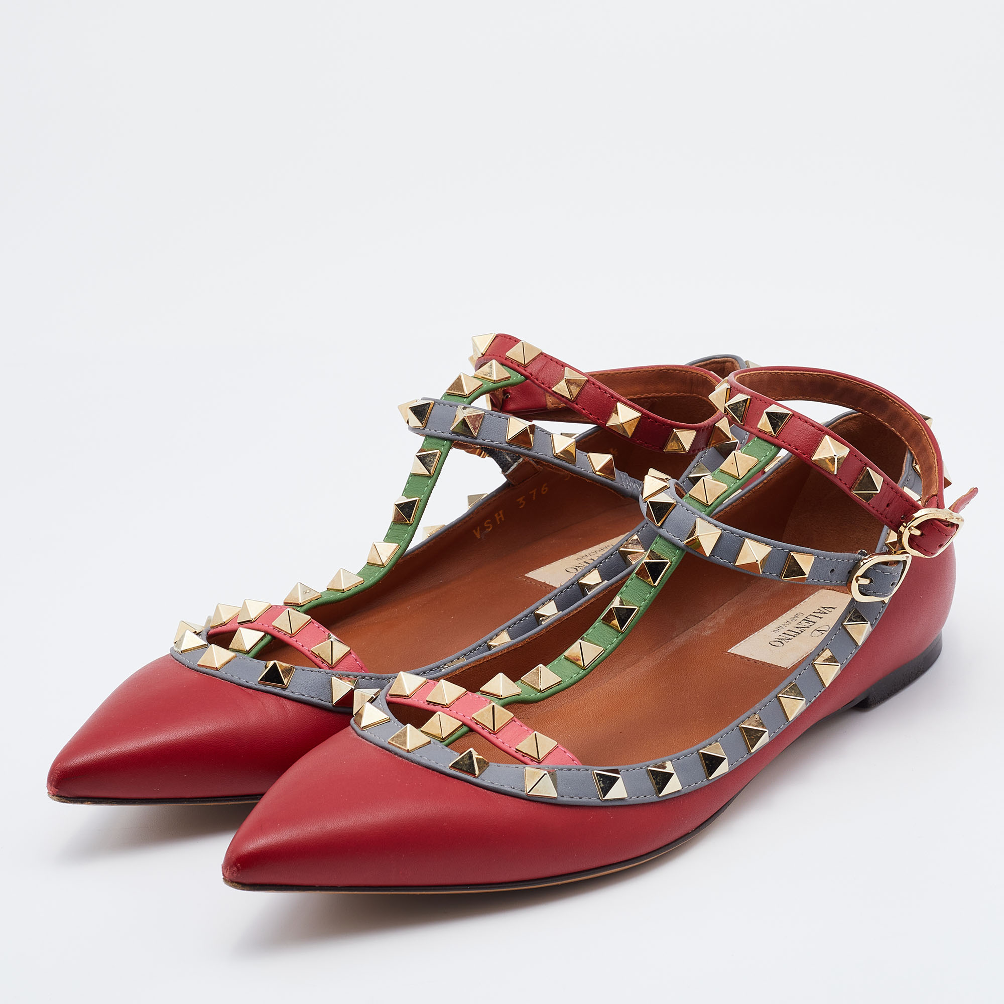 

Valentino Red Leather Rockstud Ankle Strap Ballet Flats Size
