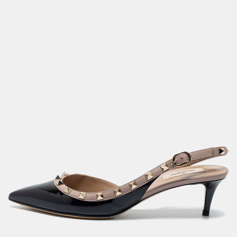 Pre Owned Valentino Black Patent Leather Rockstud Slingback Pumps Size 39