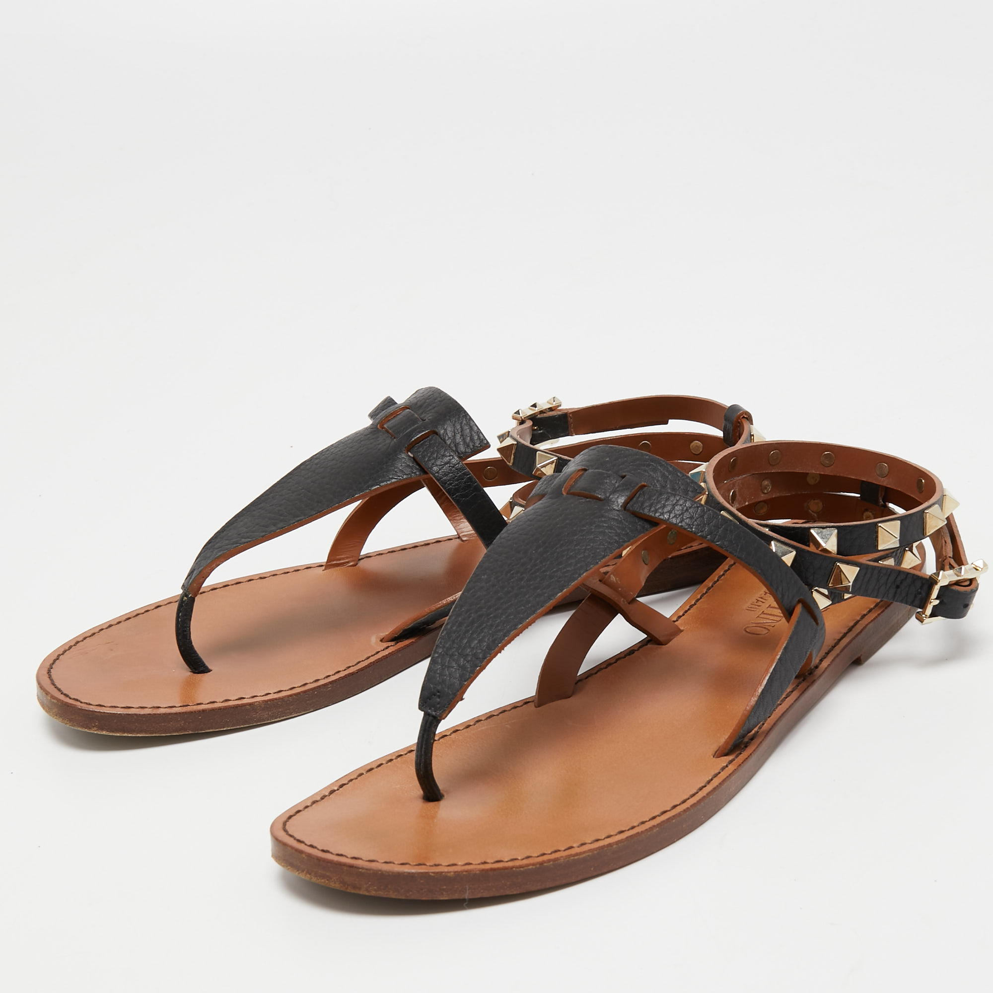

Valentino Black Leather Rockstud Ankle Strap Flat Sandals Size
