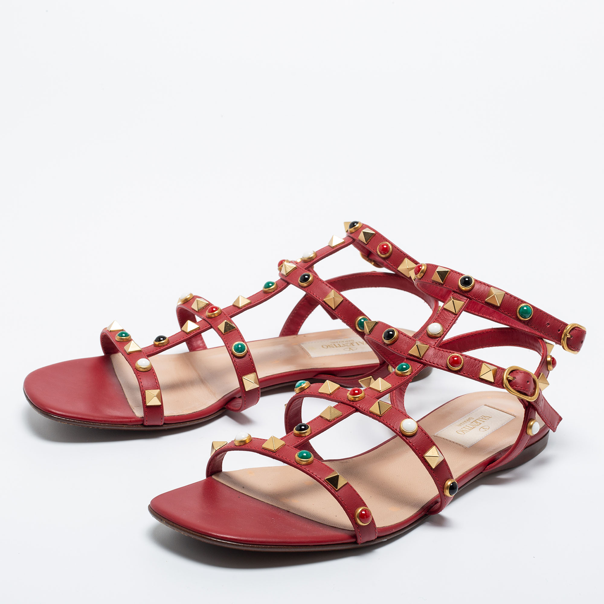 

Valentino Burgundy Leather Rolling Rockstud Ankle Strap Flat Sandals Size