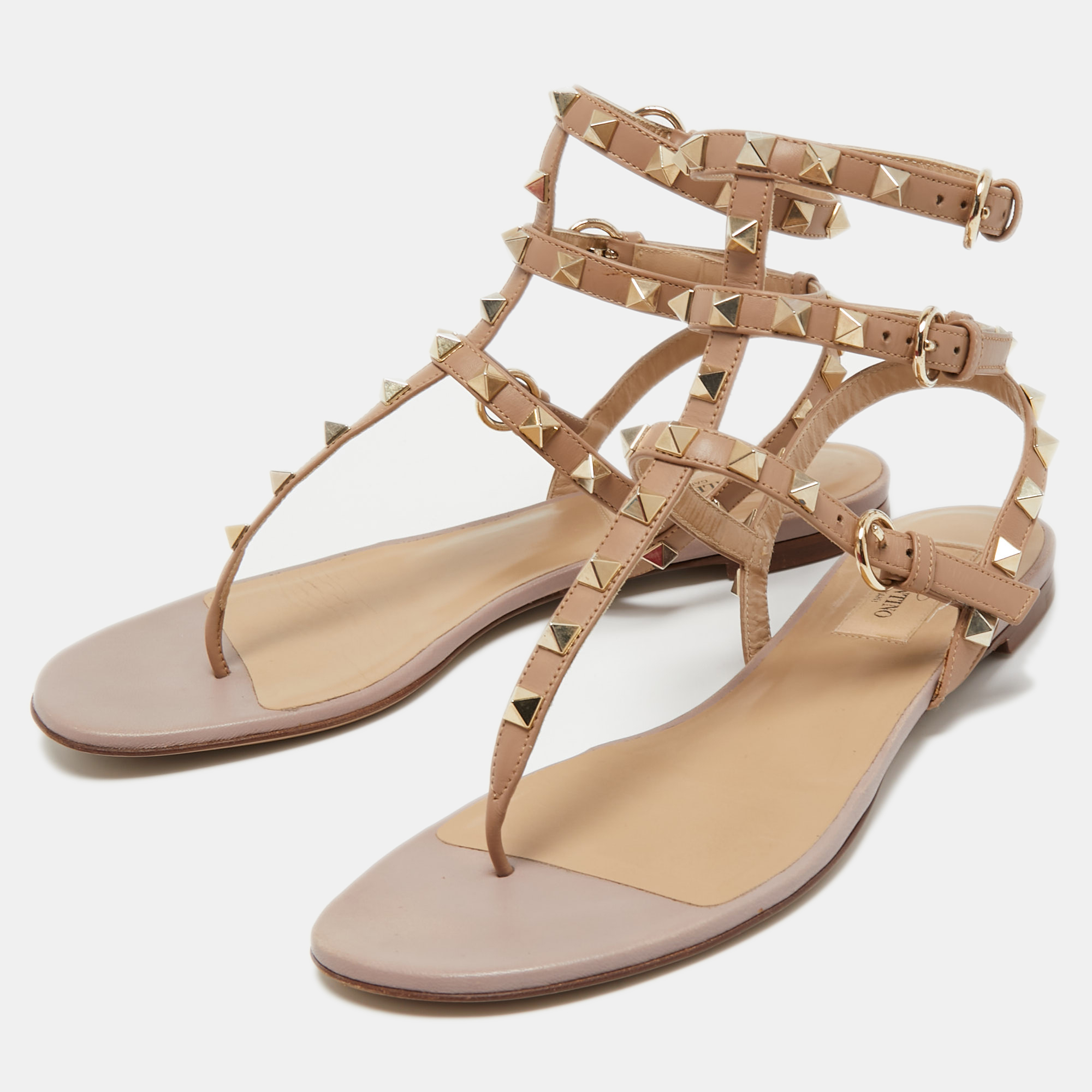 

Valentino Beige Leather Rockstud Ankle Strap Flat Sandals Size