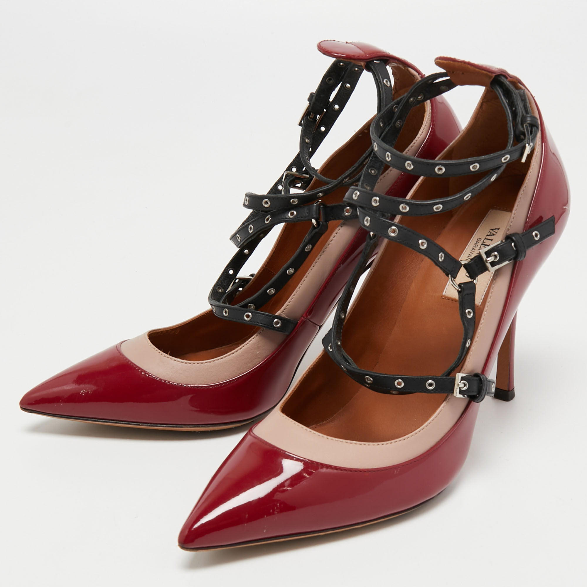 

Valentino Tricolor Patent and Leather Love Latch Ankle Wrap Pumps Size, Burgundy