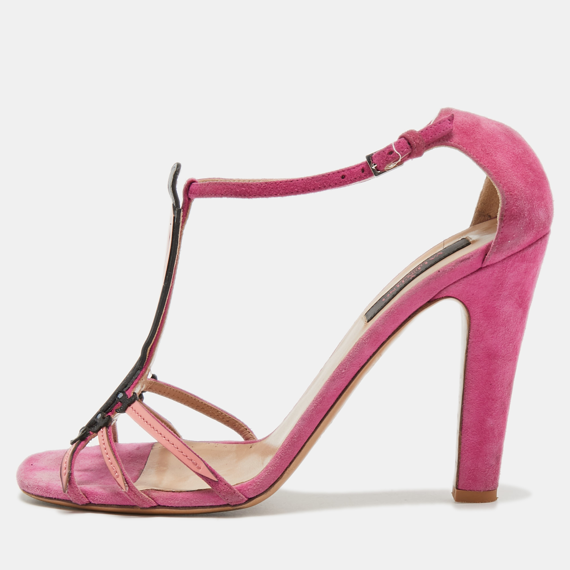 

Valentino Pink Suede and Patent Leather Love Blade T-Strap Sandals Size