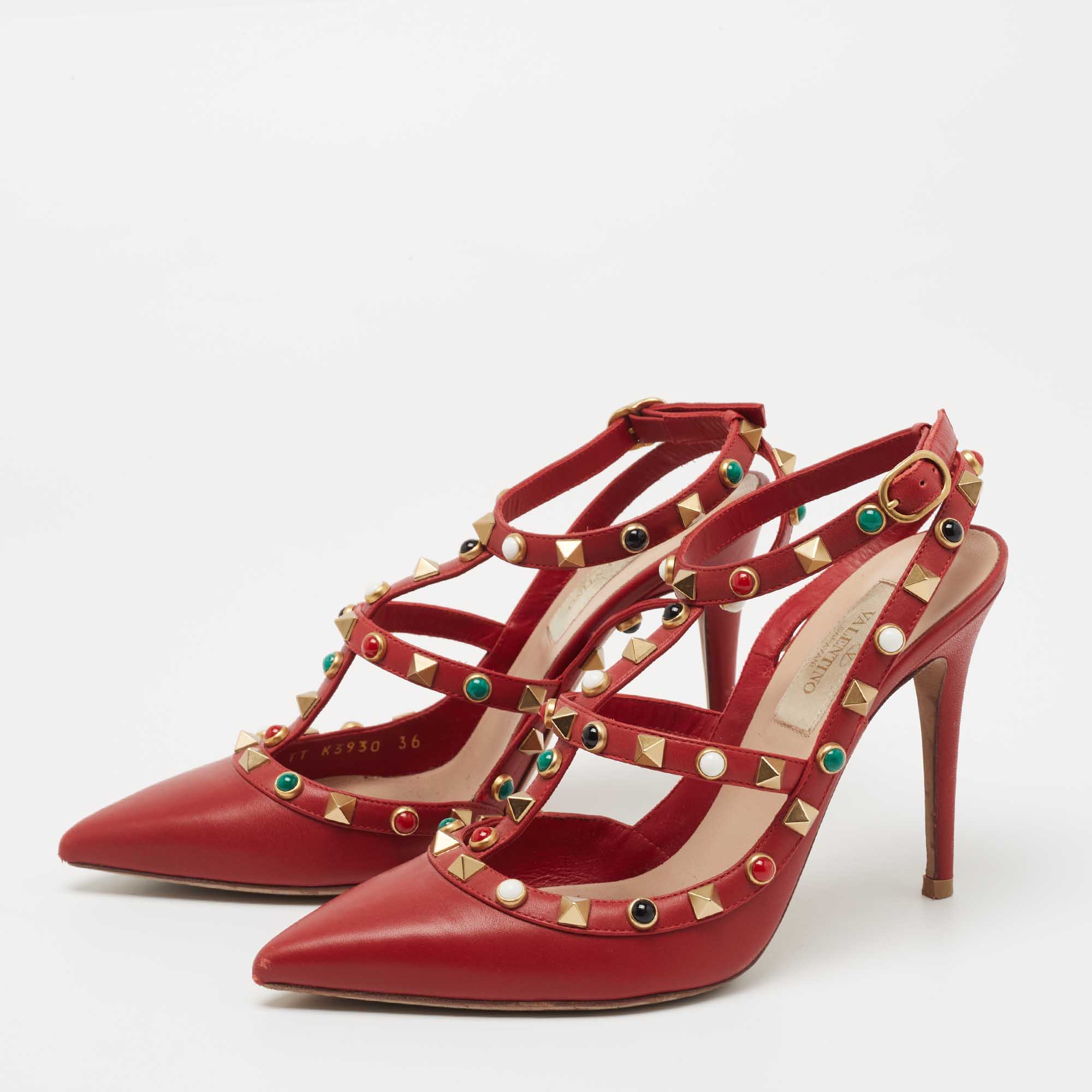 

Valentino Red Leather Rolling Rockstud Ankle Strap Pumps Size
