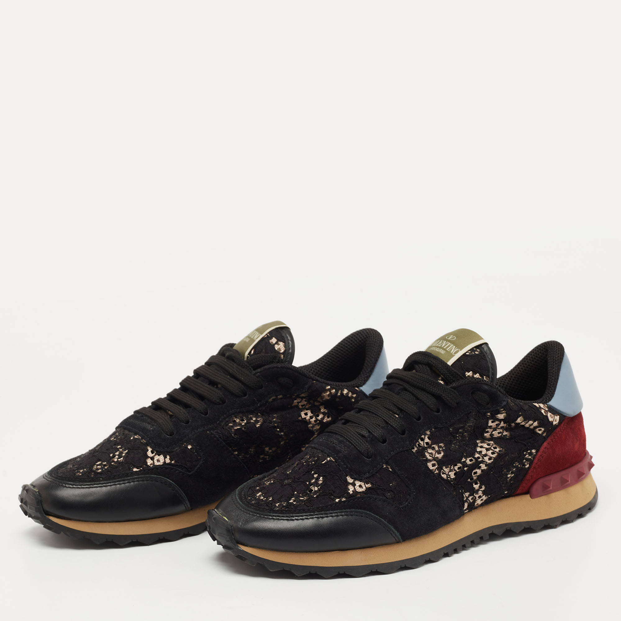

Valentino Tricolor Lace and Leather Rockrunner Sneakers Size, Black