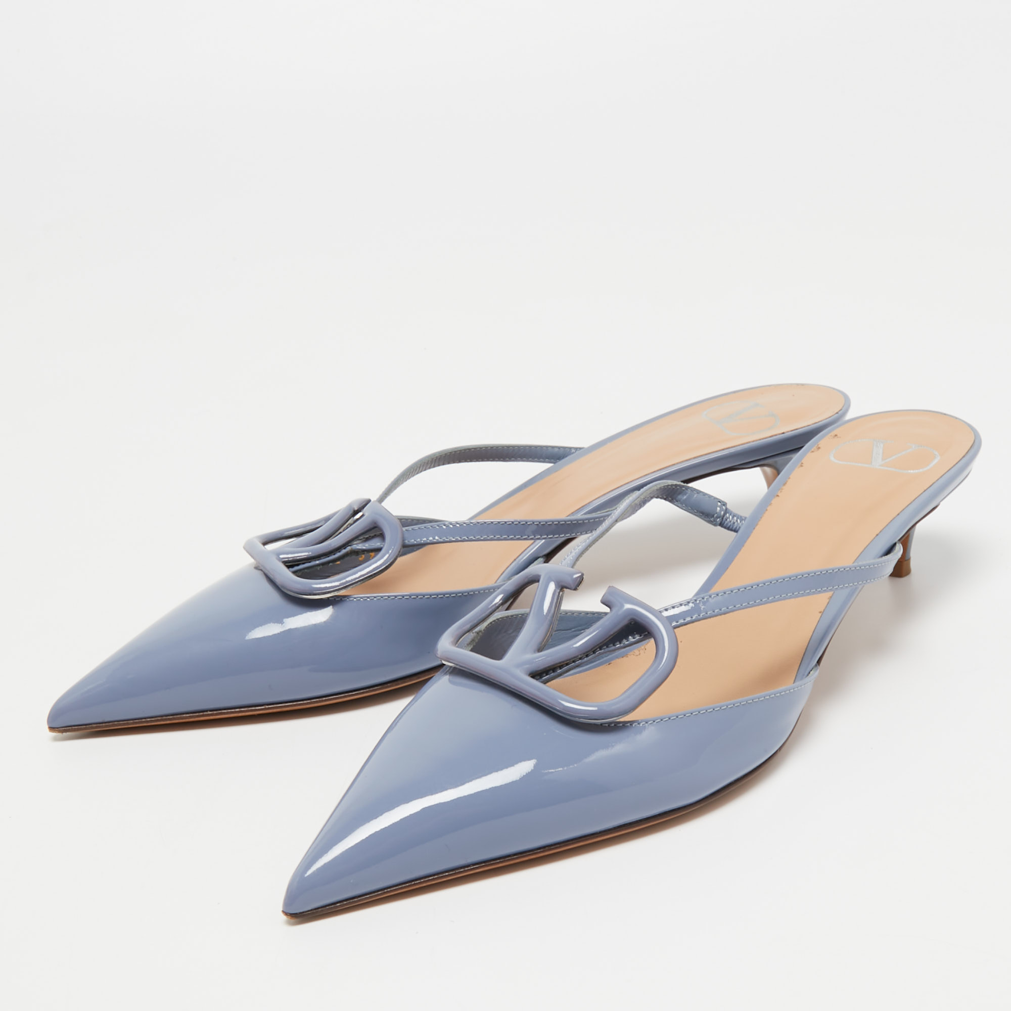 

Valentino Blue Patent Leather V Logo Mules Size