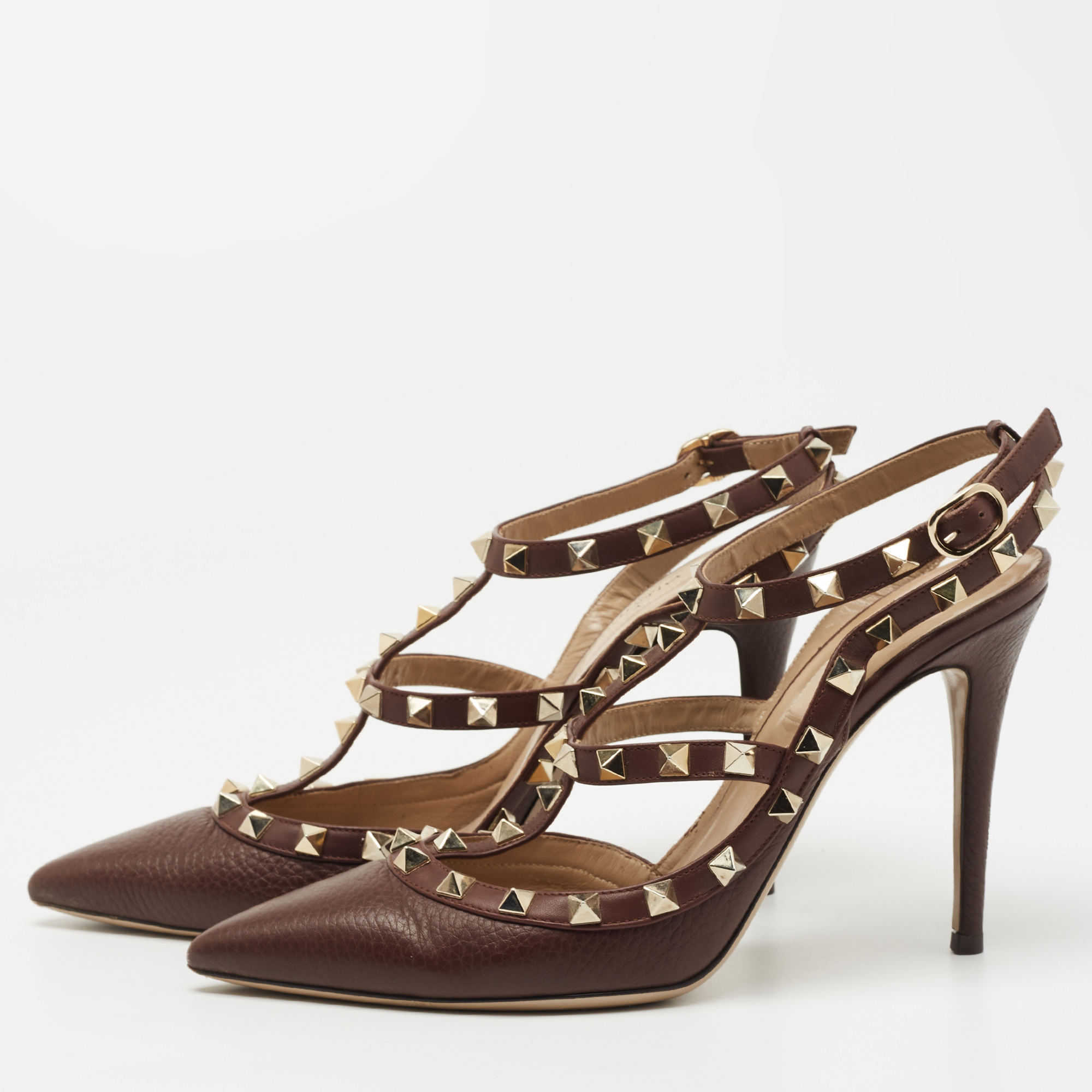 

Valentino Brown Leather Rockstud Ankle Strap Pumps Size