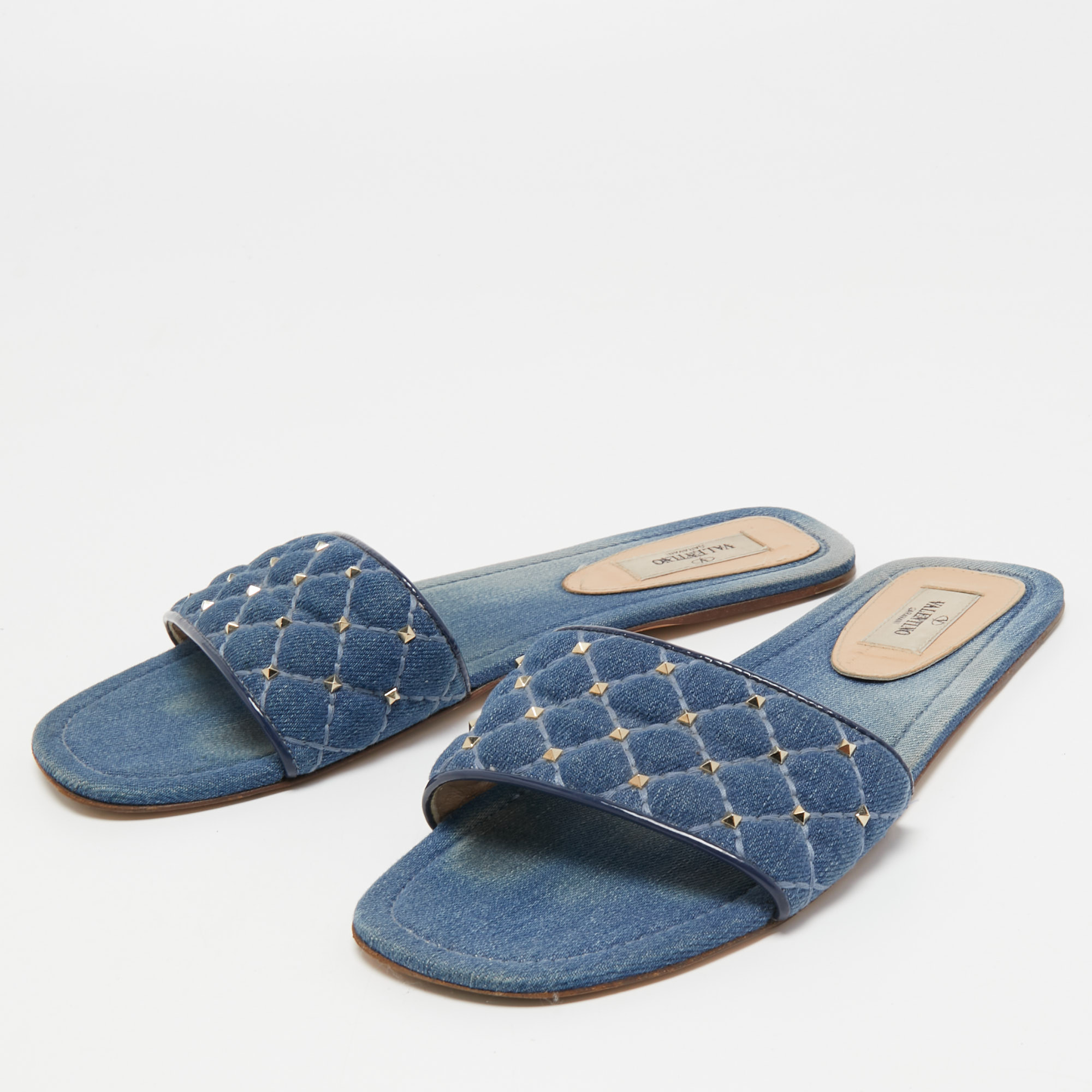 

Valentino Blue Denim Embellished Flat Slides Size