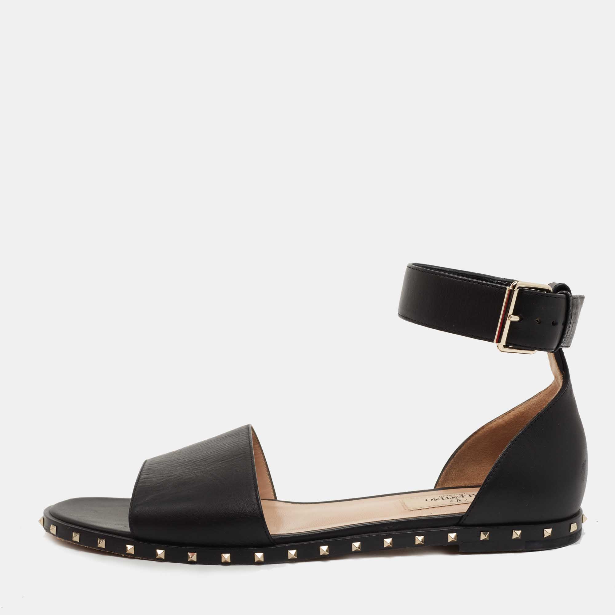 Pre Owned Valentino Black Leather Rockstud Ankle Strap Flat Sandals Size 38