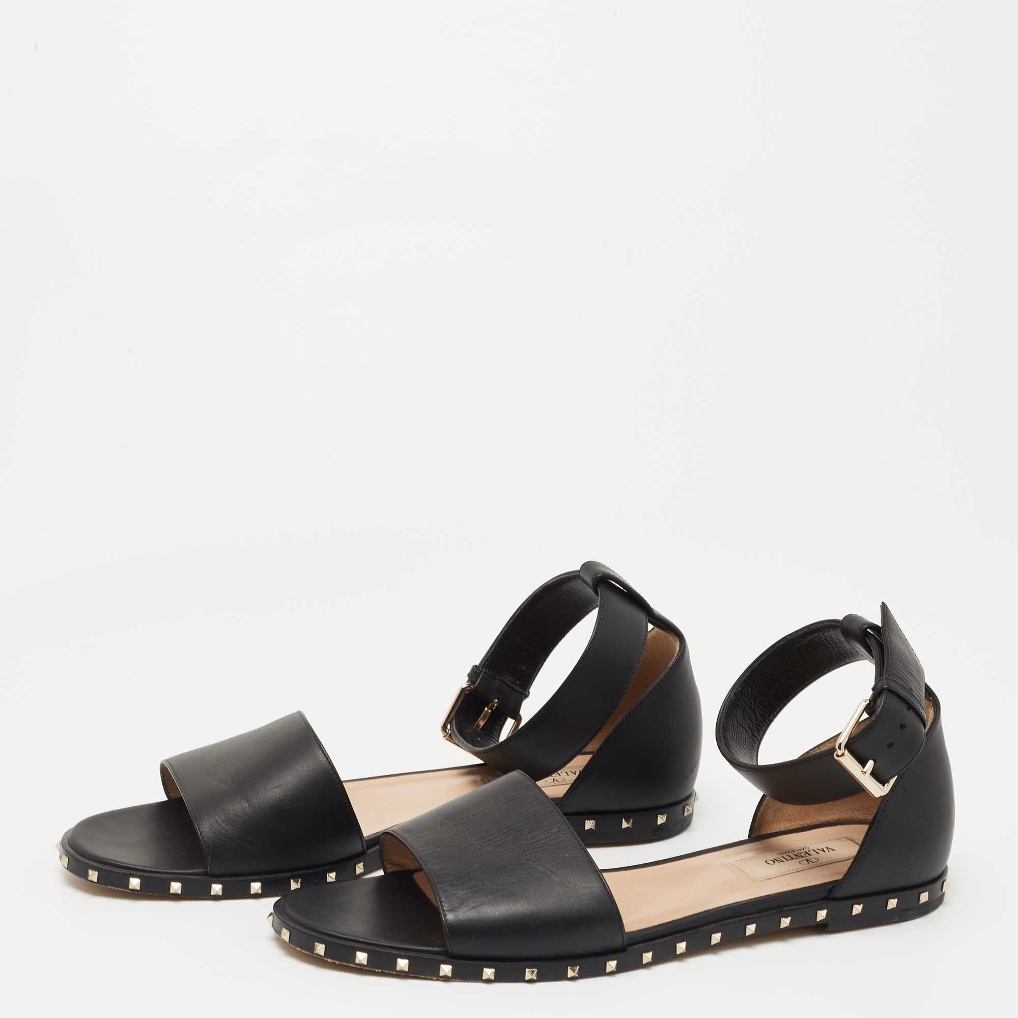 

Valentino Black Leather Rockstud Ankle Strap Flat Sandals Size