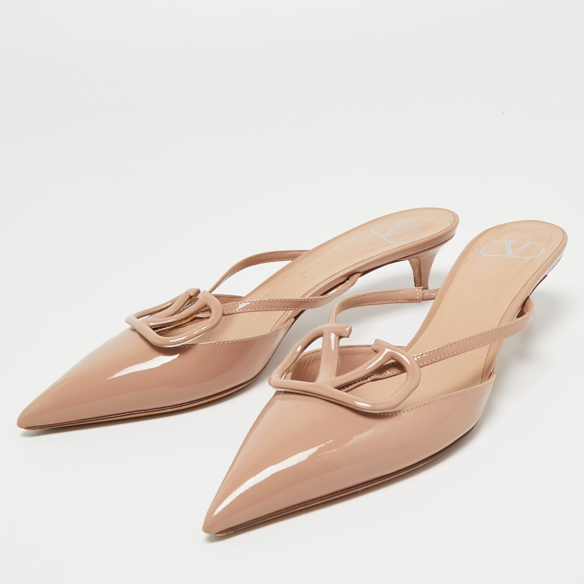 

Valentino Beige Patent Leather V logo Mules Size