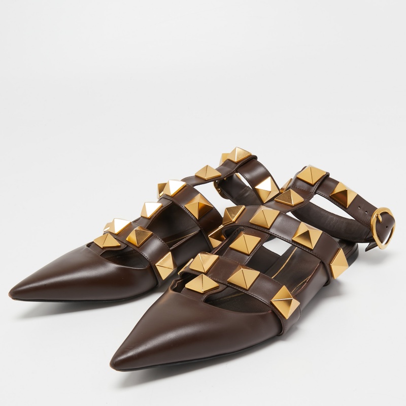

Valentino Brown Leather Roman Stud Ankle Strap Flats Size