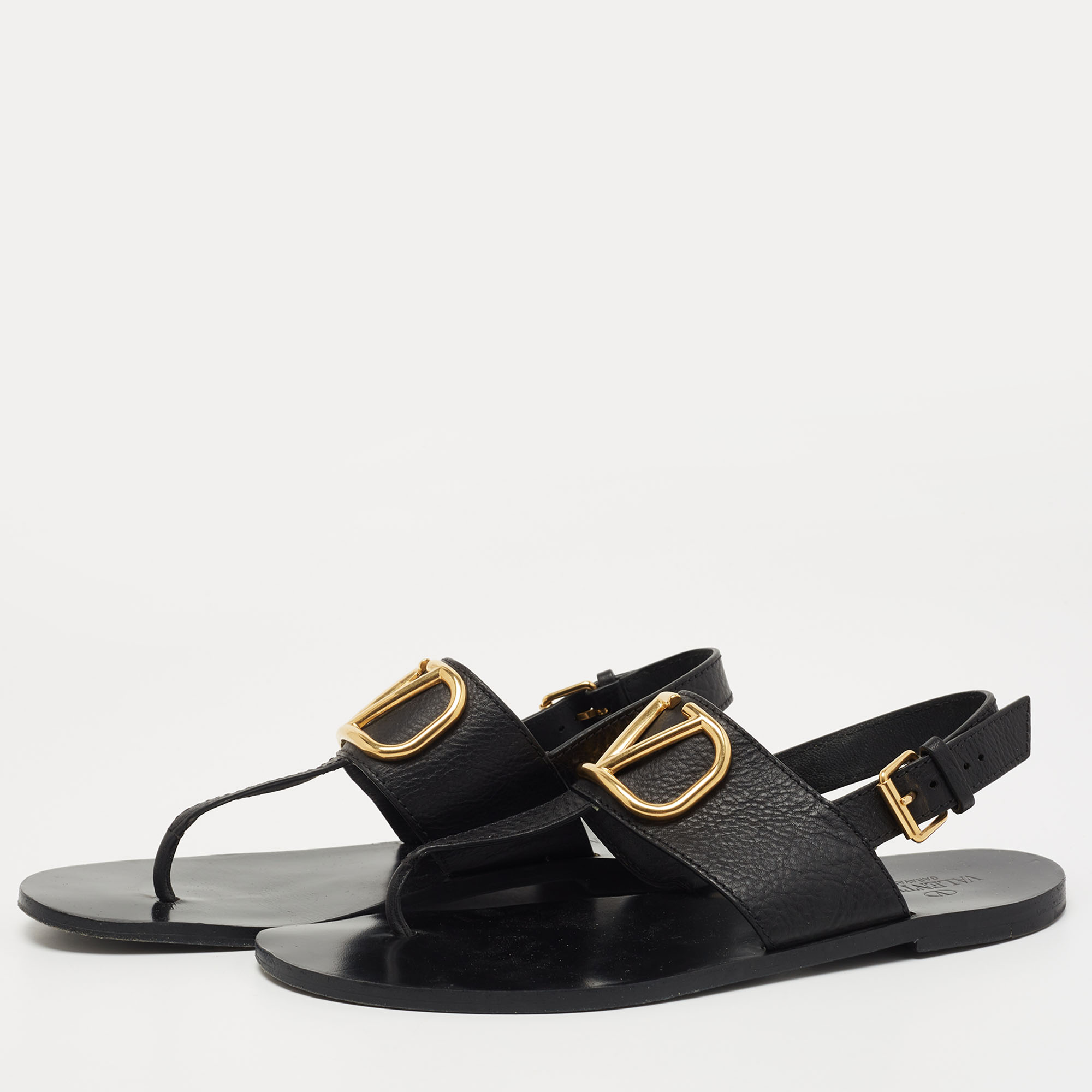 

Valentino Black Leather V Logo Thong Flat Sandals Size