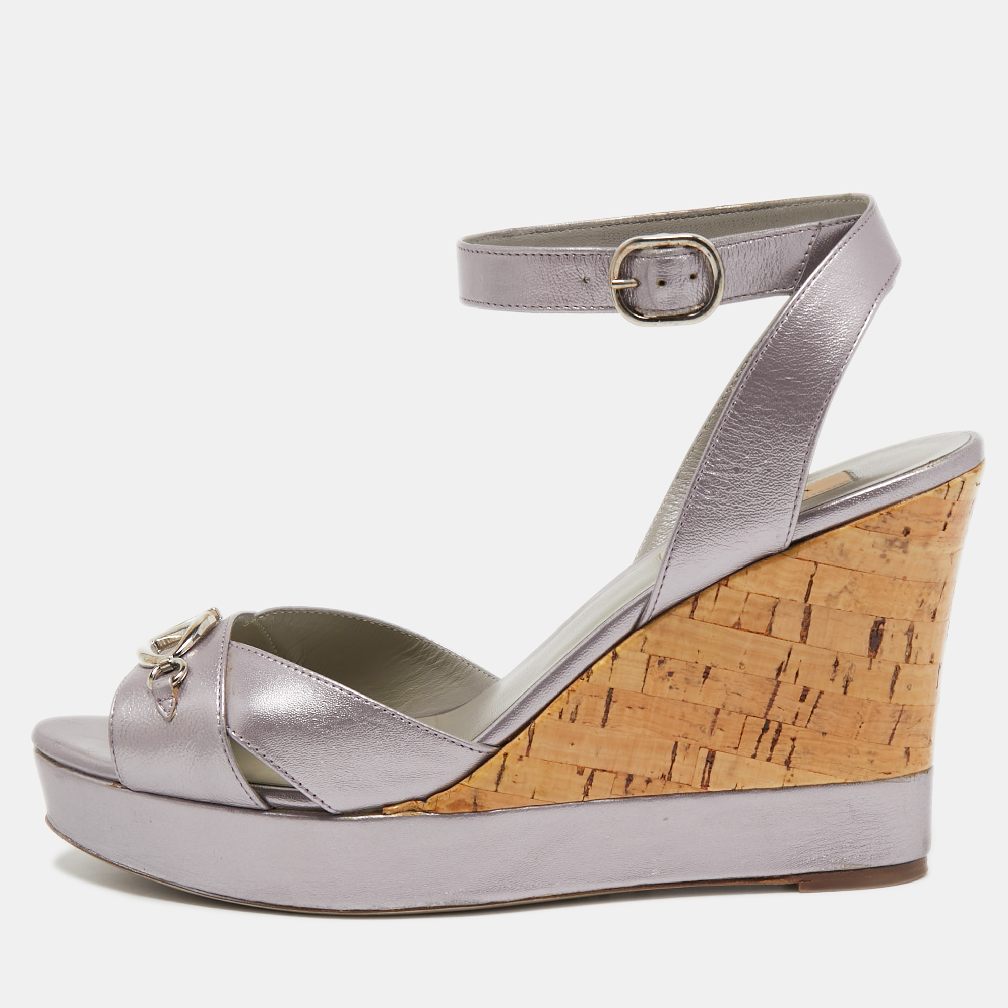 Pre Owned Valentino Metallic Silver Leather Cork Wedge Sandals Size 39.5
