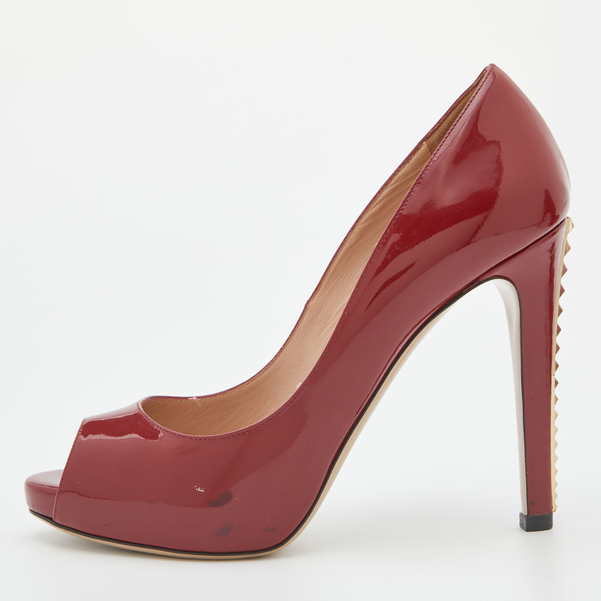 

Valentino Red Patent Leather Rockstud Heel Peep Toe Pumps Size