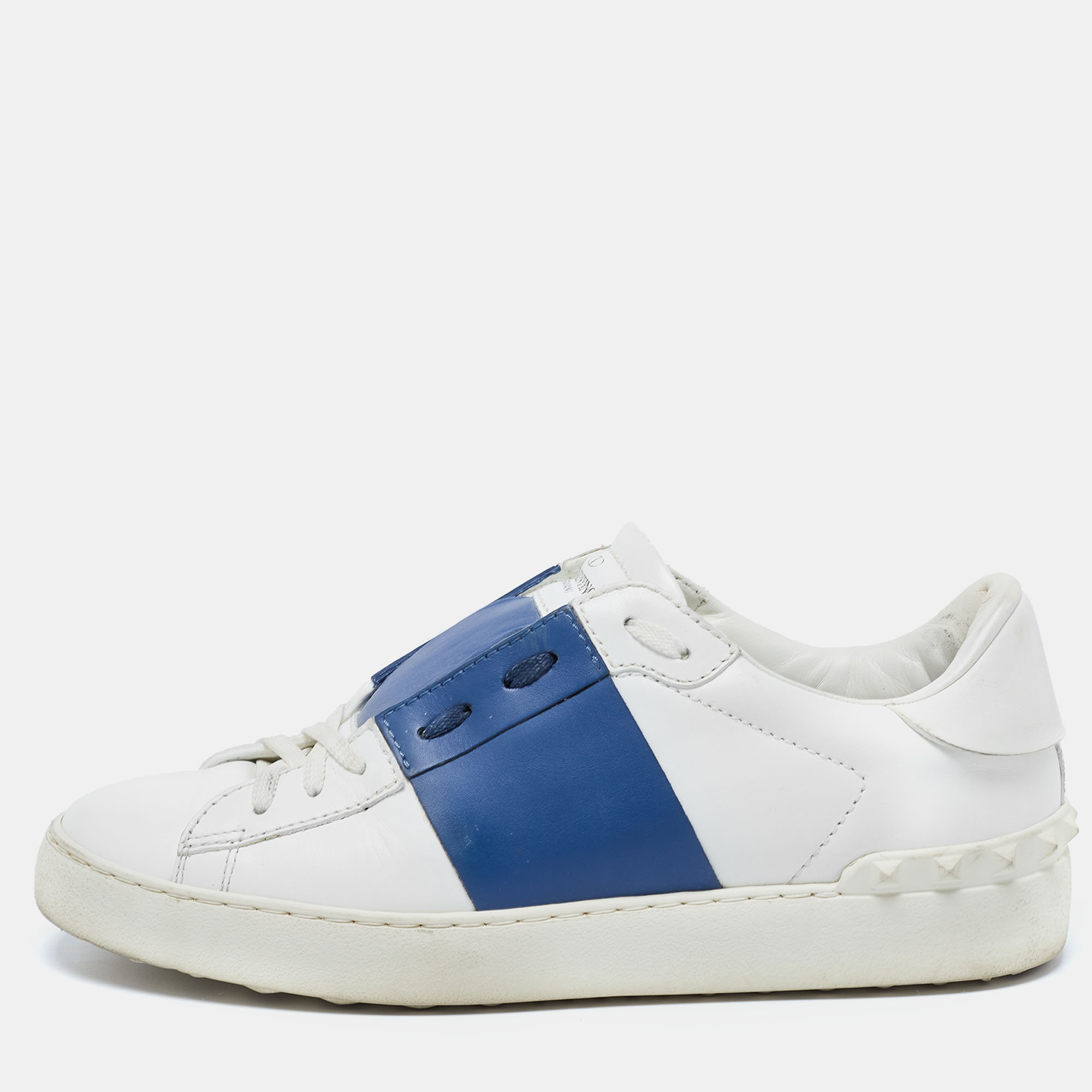 Pre-owned Valentino Garavani White/blue Leather Open Low Top Sneakers Size 40