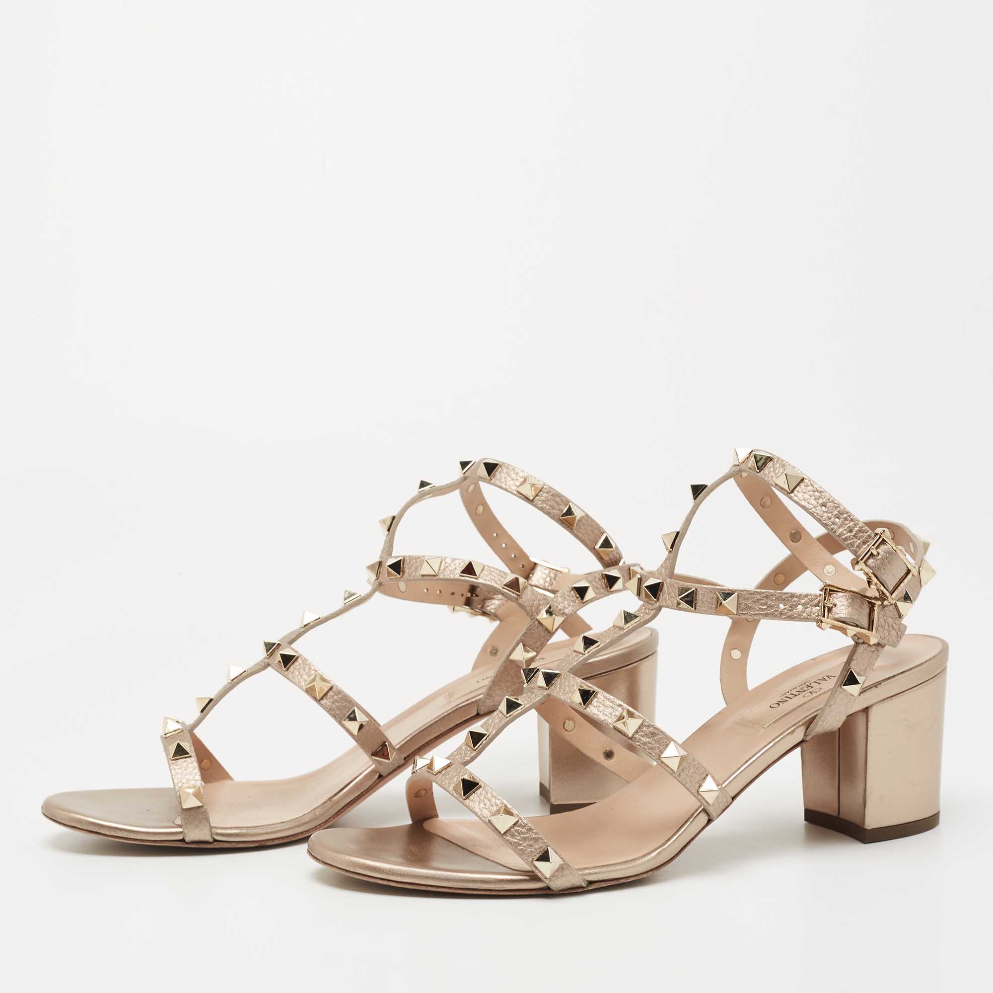 

Valentino Metallic Gold Leather Rockstud Ankle Strap Sandals Size