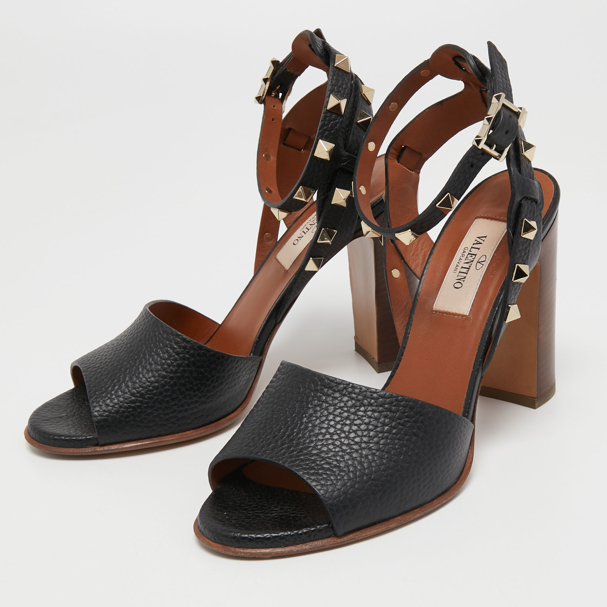 

Valentino Black Leather Rockstud Ankle Strap Sandals Size