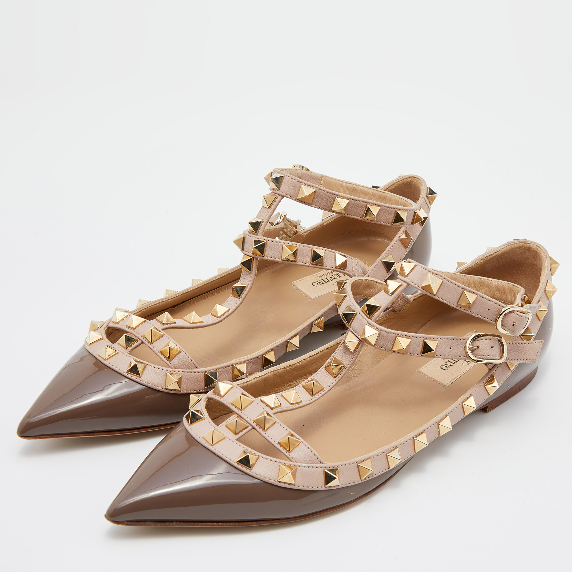 

Valentino Brown/Beige Patent Leather Rockstud Caged Ballet Flats Size